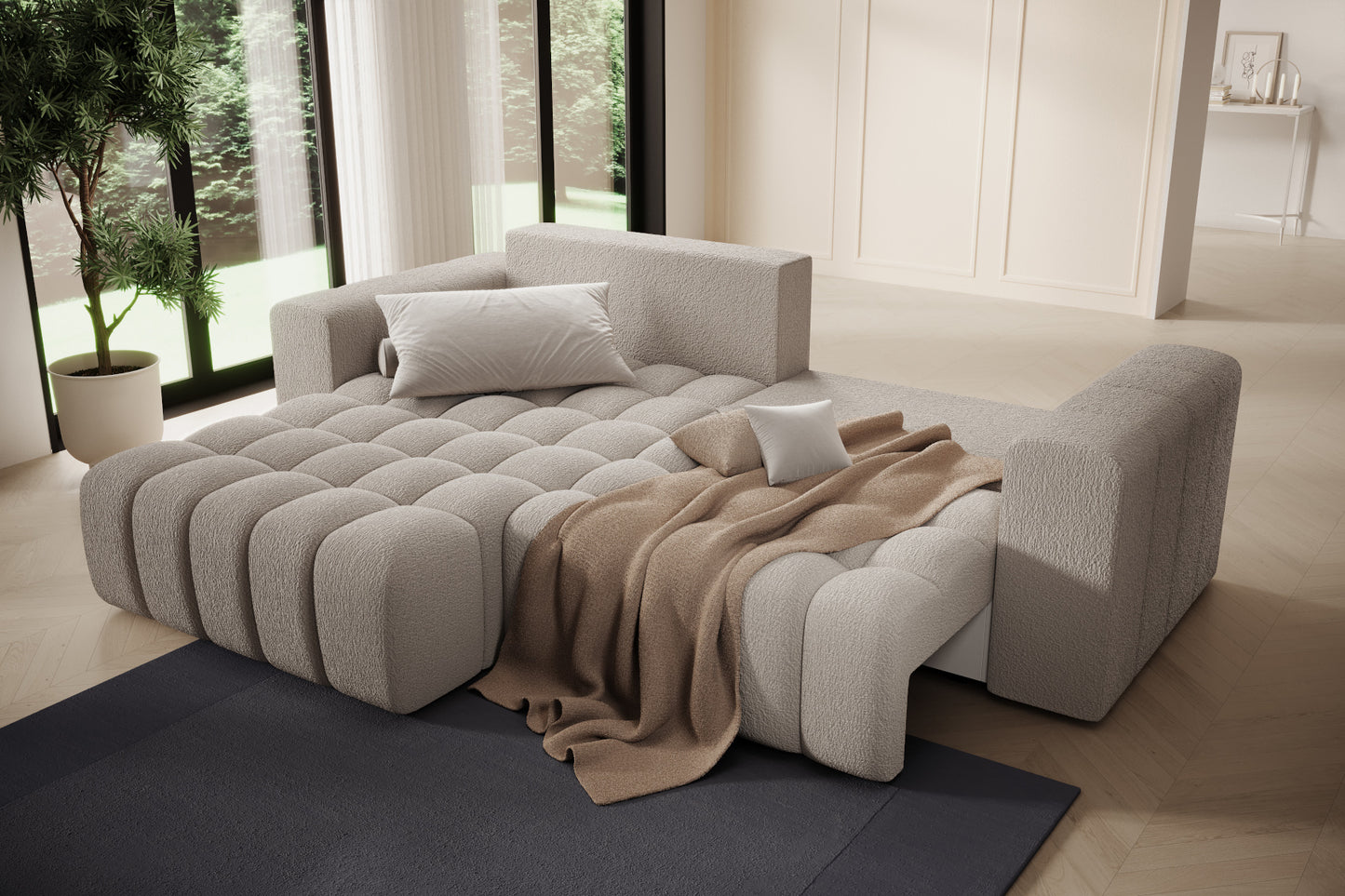 Strefa relaksu z pledem na szezlongu Bonett, układ lewy.