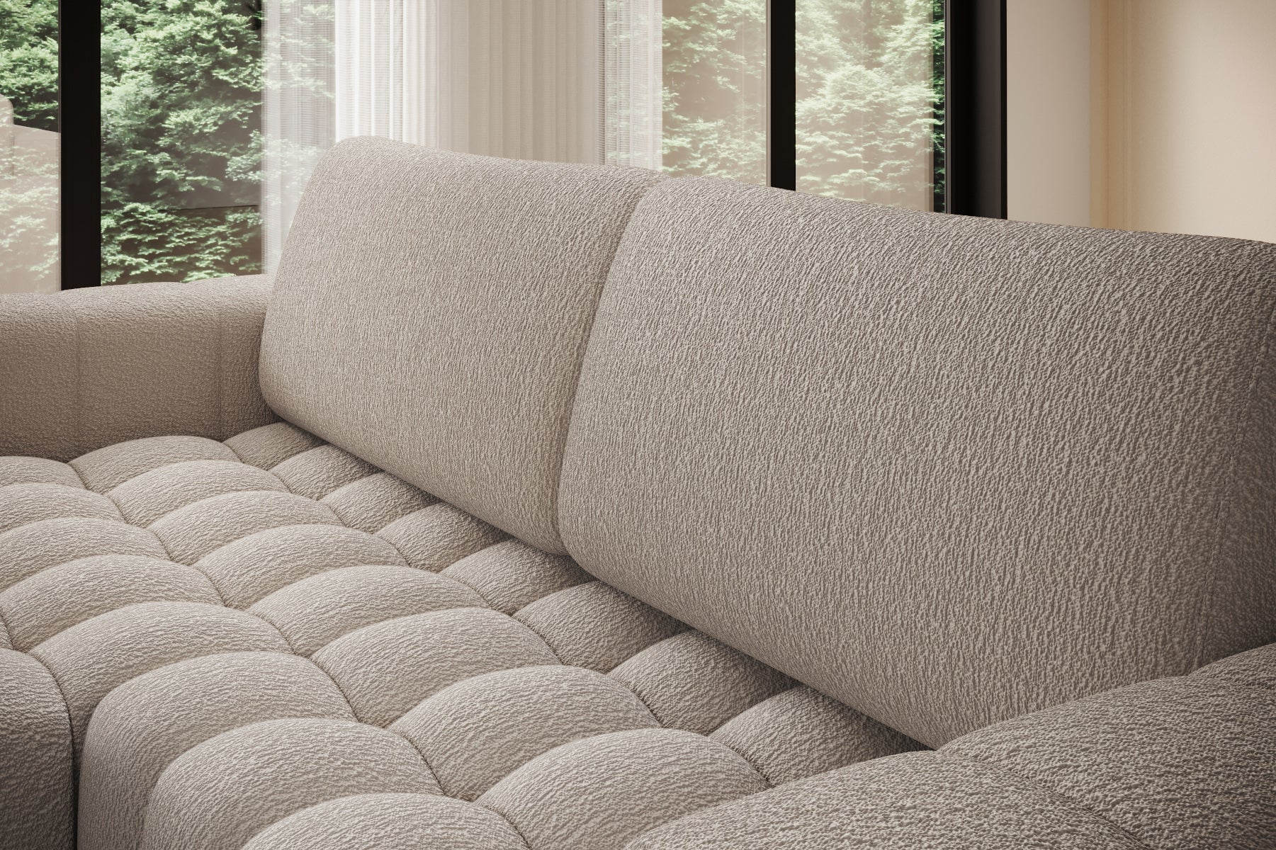 Zbliżenie na miękkie, pikowane siedzisko narożnika Bonett w beżu Royal 18.