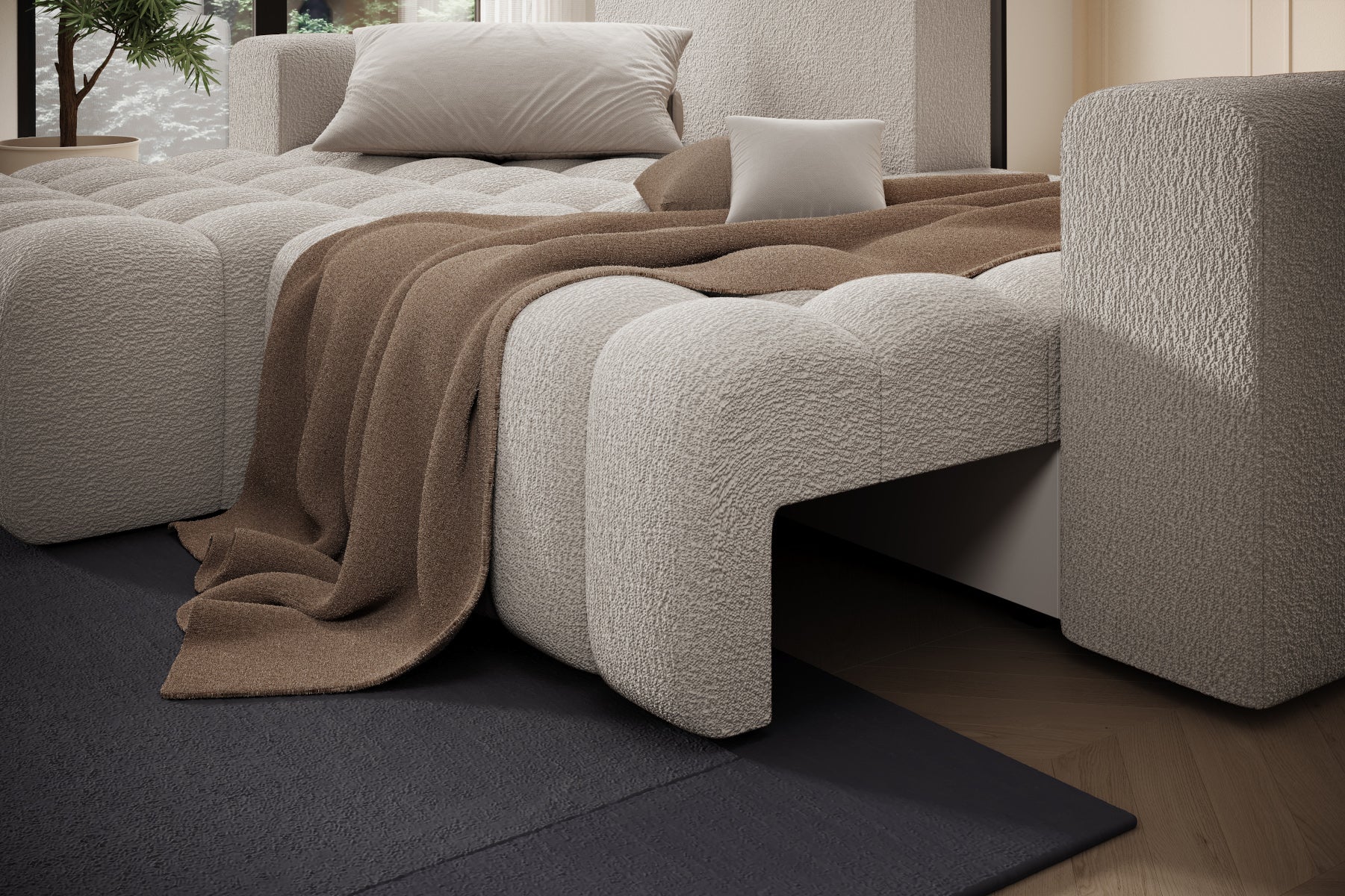 Detal oparcia i podłokietnika narożnika Bonett – tkanina Royal 18, układ lewy.