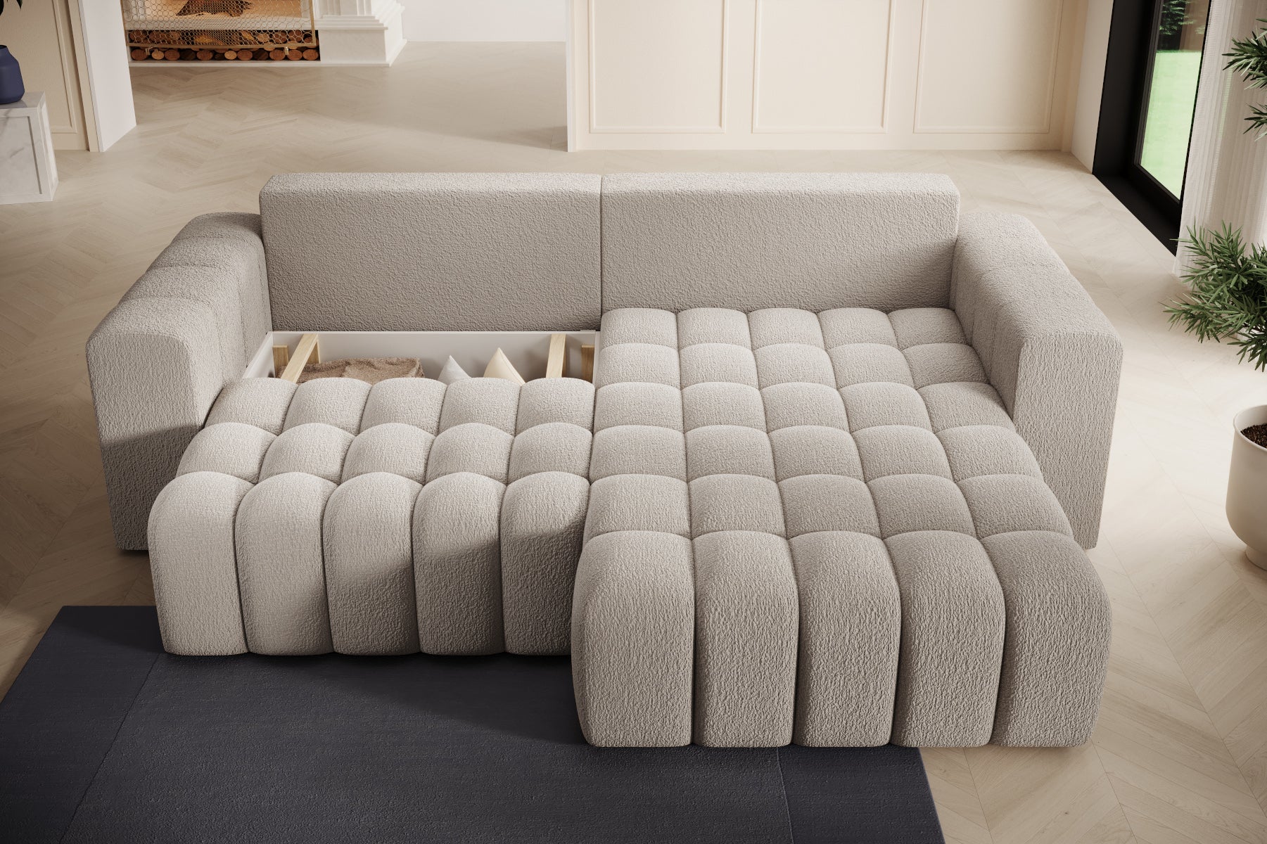 Bonett Royal 18 rozłożony do spania z pikowanym siedziskiem, układ prawy.