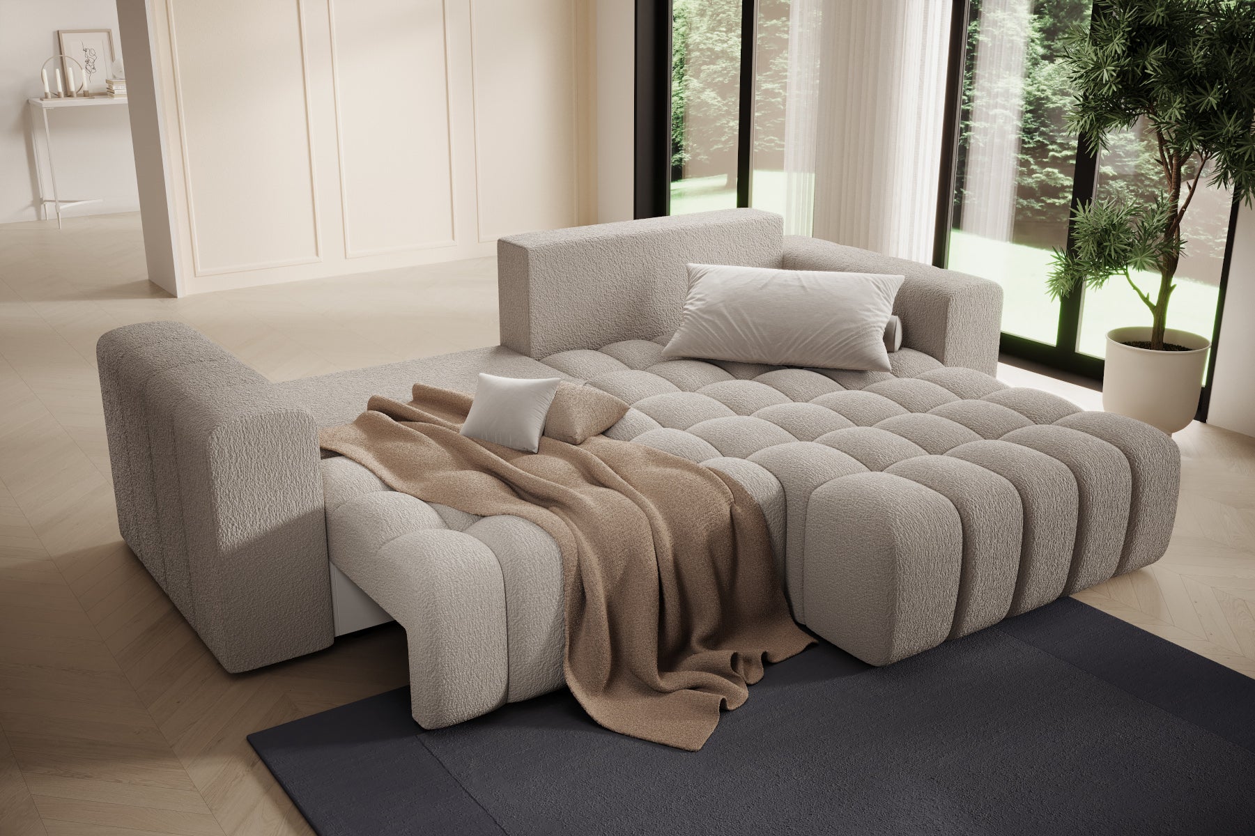 Strefa relaksu – szezlong i koc na narożniku Bonett, układ prawy.