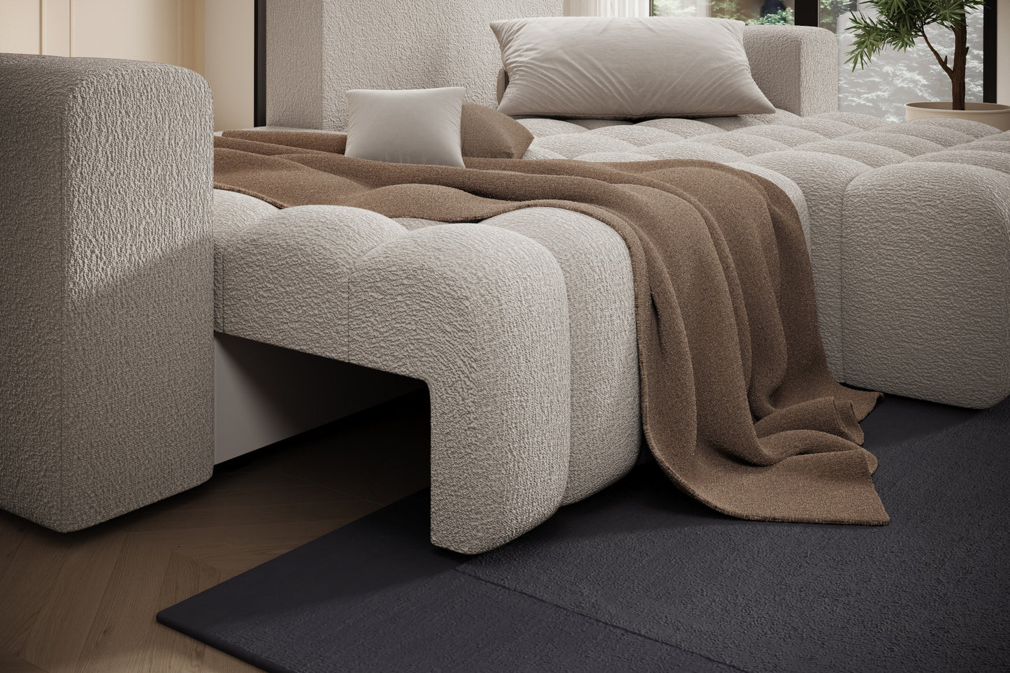 Detal oparcia i podłokietnika narożnika Bonett – tkanina Royal 18, układ prawy.