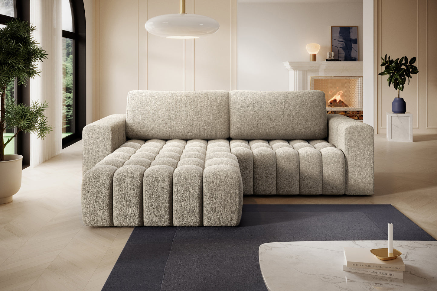 Bonett Royal 20 beżowy w aranżacji salonu, szezlong po lewej stronie.