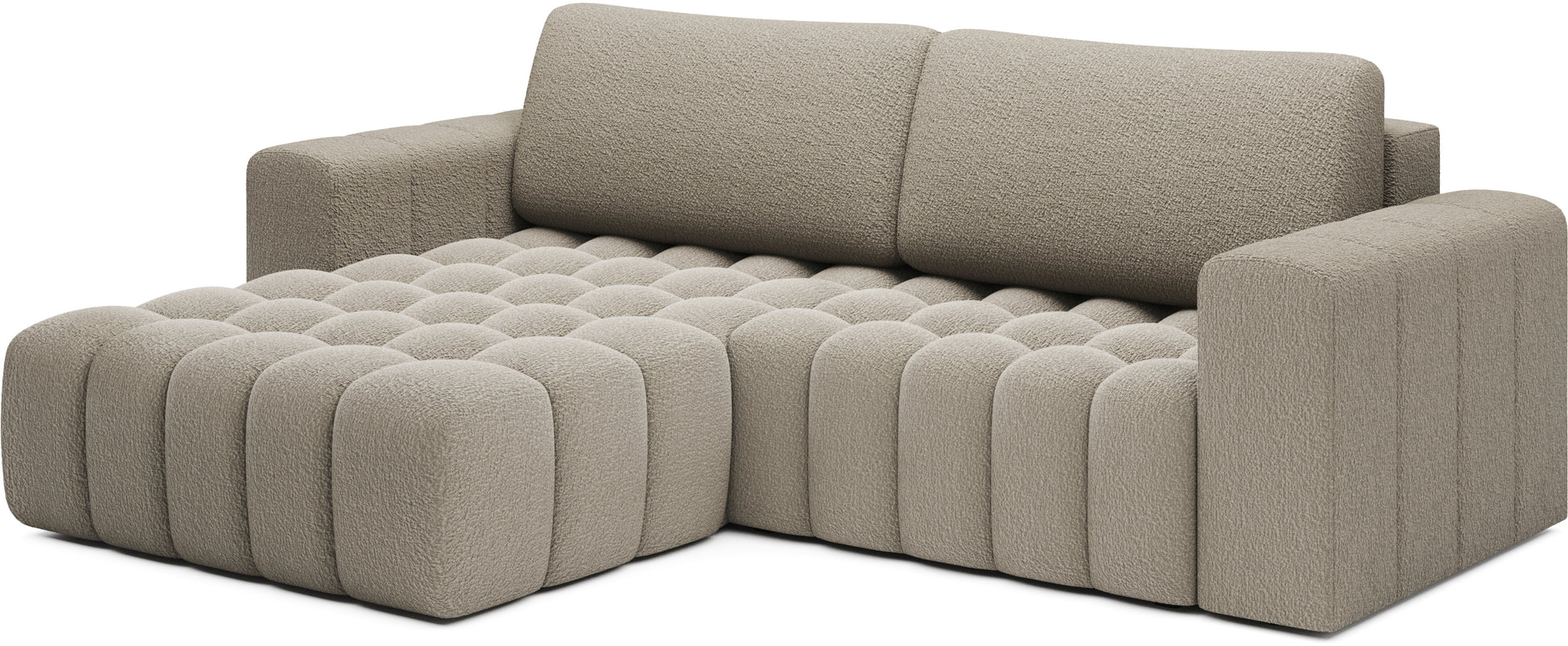 Widok na kształt L z szezlongiem po lewej – narożnik Bonett, Royal 20 beżowy.