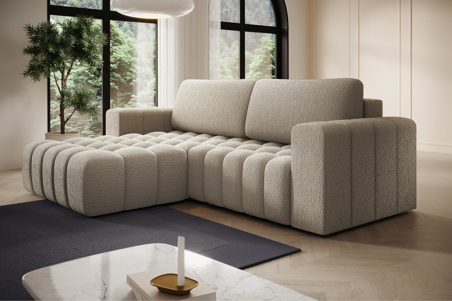 Perspektywiczny rzut narożny sofy Bonett, tkanina Royal 20 beżowy.