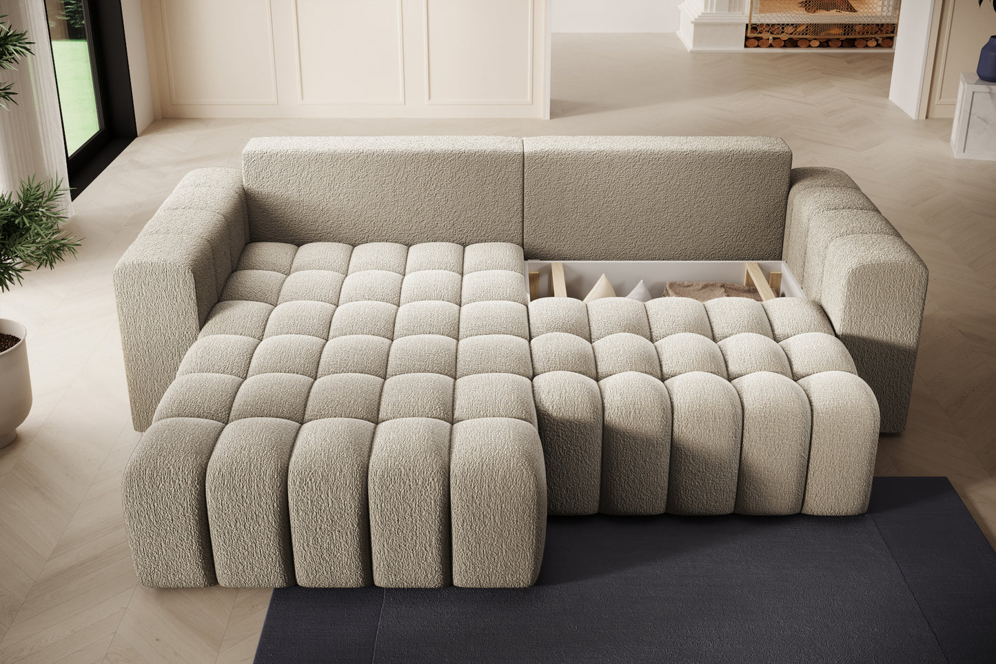 Zbliżenie na pikowane siedzisko i poduchy – Bonett Royal 20 beżowy, układ lewy.