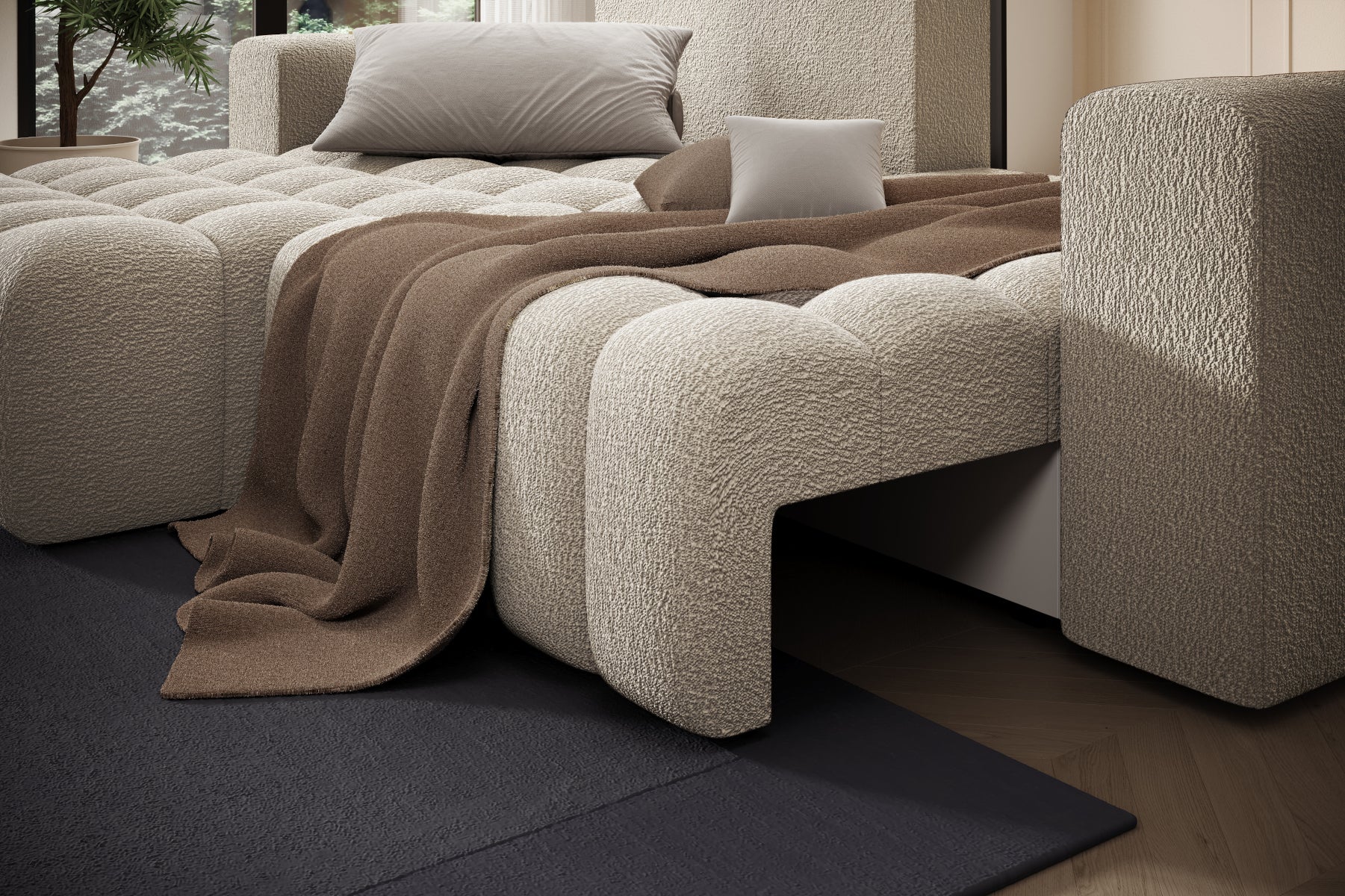 Detal miękkiego oparcia i przeszyć tkaniny Royal 20 beżowy – Bonett.