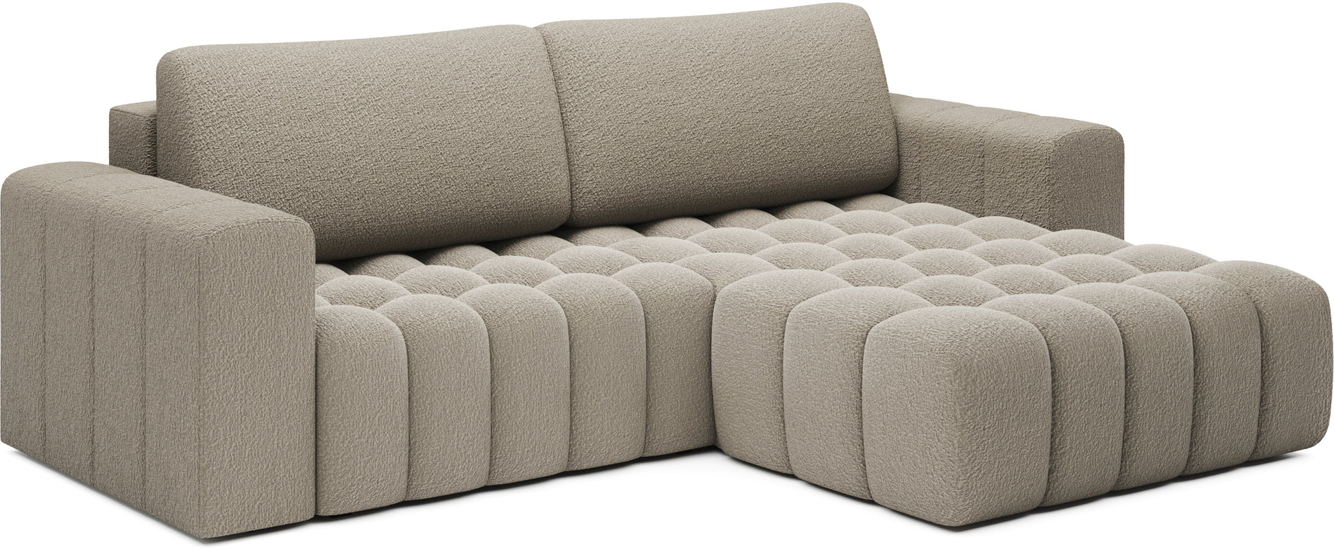 Widok na kształt L z szezlongiem po prawej stronie – narożnik Bonett, tkanina Royal 20 beżowy.