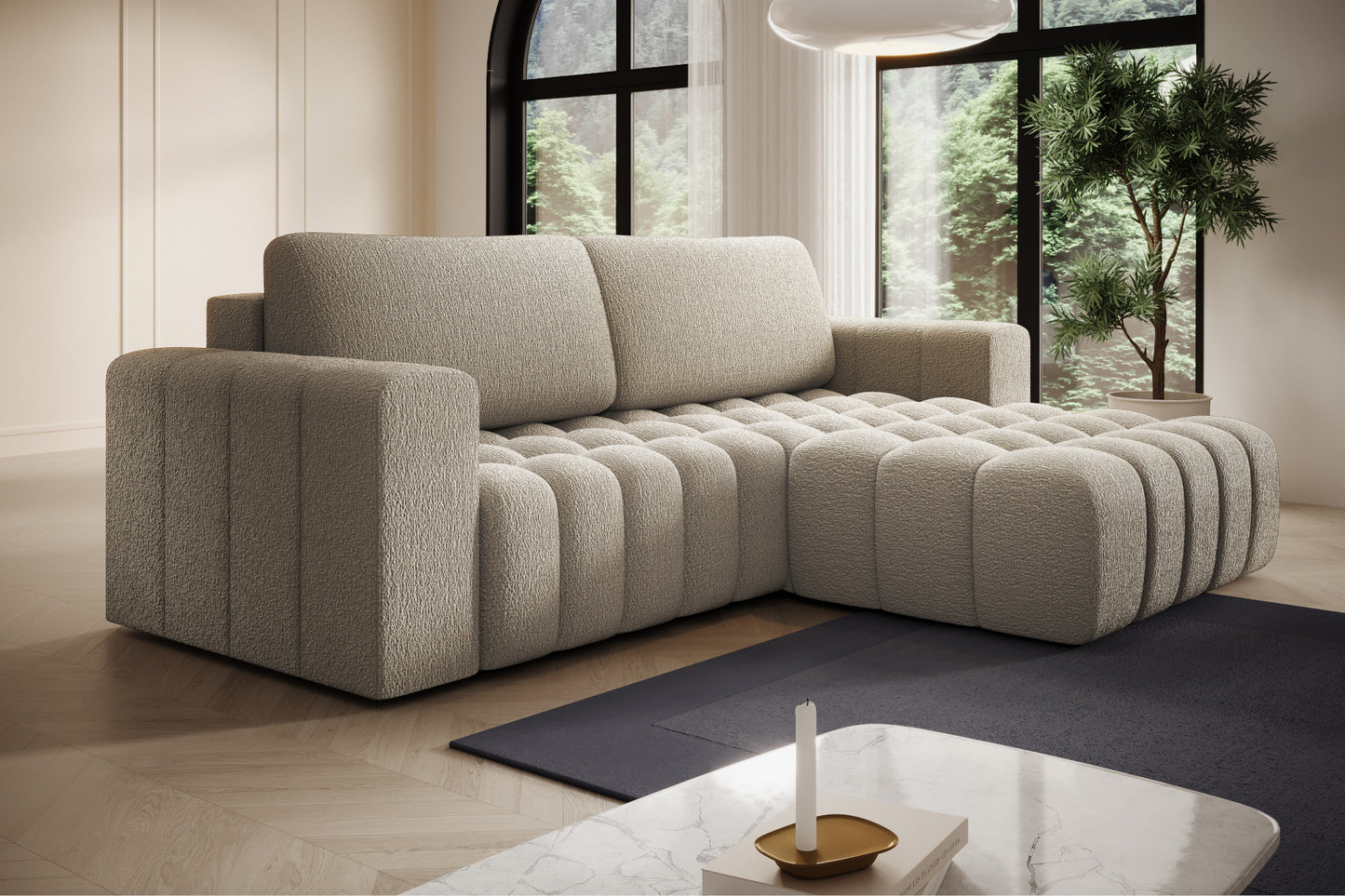 Perspektywiczny widok narożny sofy Bonett Royal 20 beżowy, układ prawy.