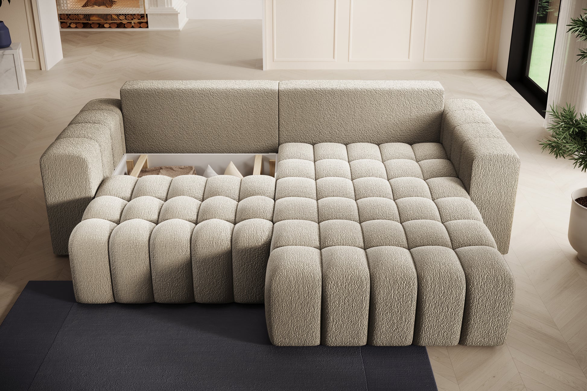 Układ z modułem/otomaną – narożnik Bonett w tkaninie Royal 20 beżowy, układ prawy.