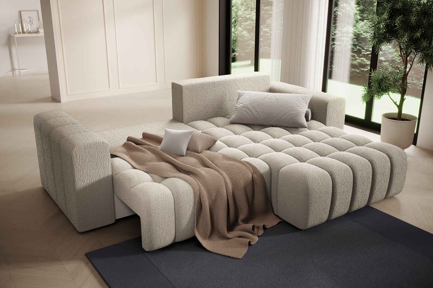 Strefa relaksu z pledem na szezlongu – Bonett Royal 20 beżowy, układ prawy.