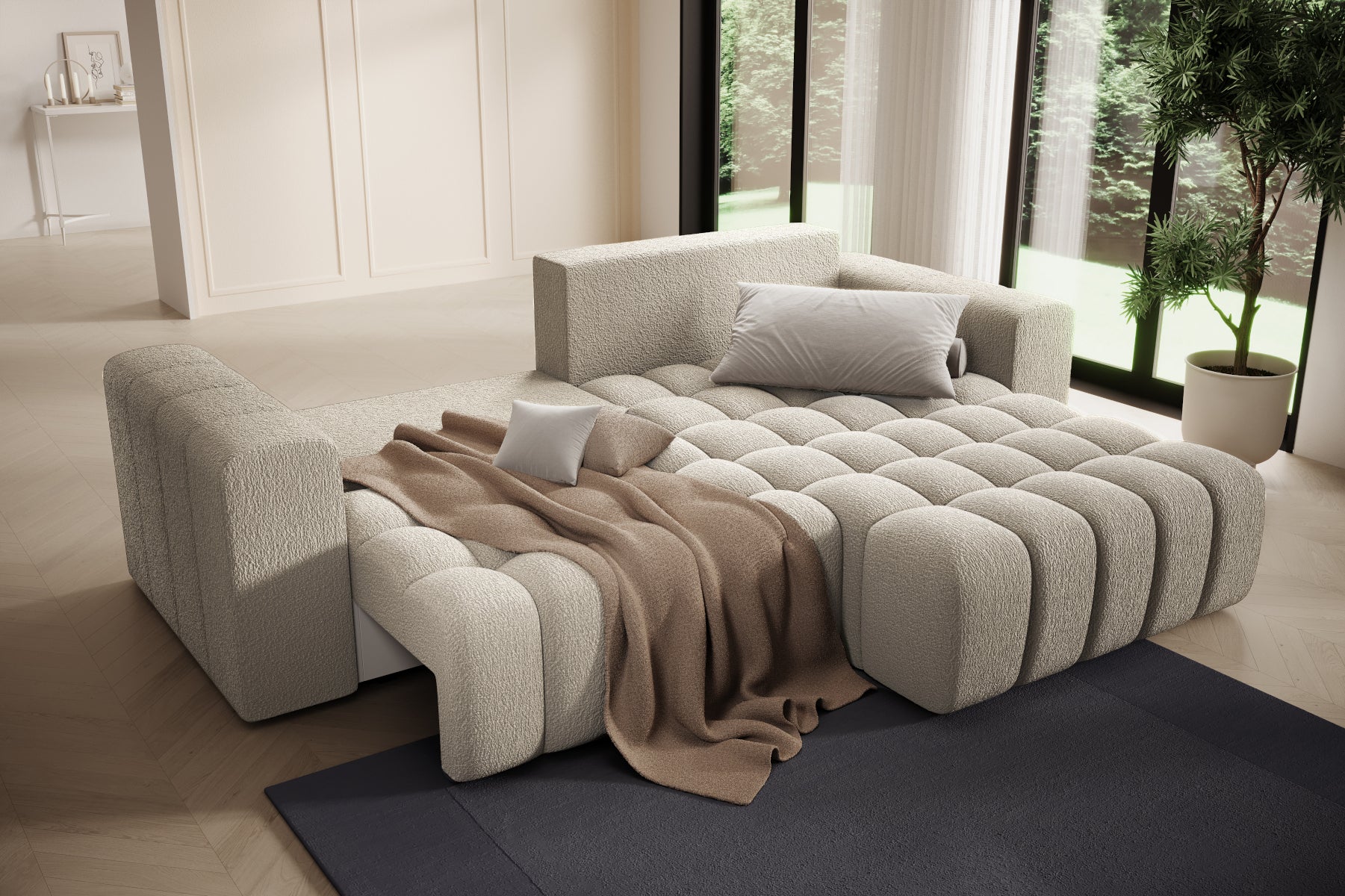 Strefa relaksu z pledem na szezlongu – Bonett Royal 20 beżowy, układ prawy.