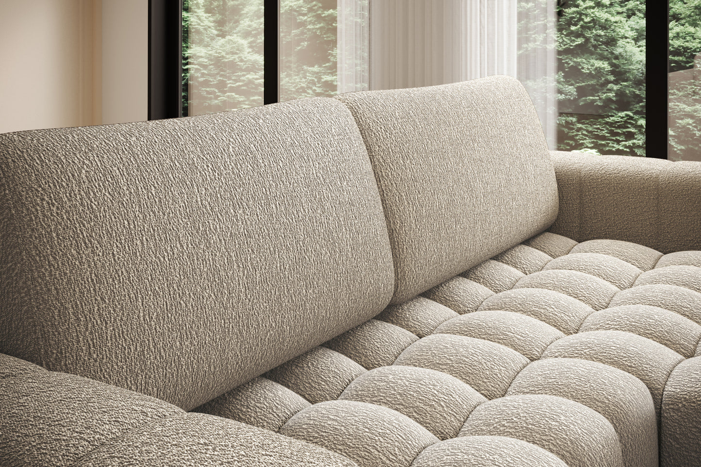 Zbliżenie na miękkie, pikowane siedzisko narożnika Bonett – Royal 20 beżowy.