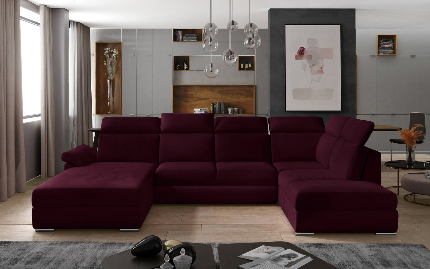 Bordowa sofa narożna Evanell wykonana z welurowej tkaniny Matt Velvet 68 to doskonały wybór do salonu, oferujący komfortowe siedziska, przytulny charakter oraz wyrazisty kolor podkreślający wyjątkowy styl wnętrza