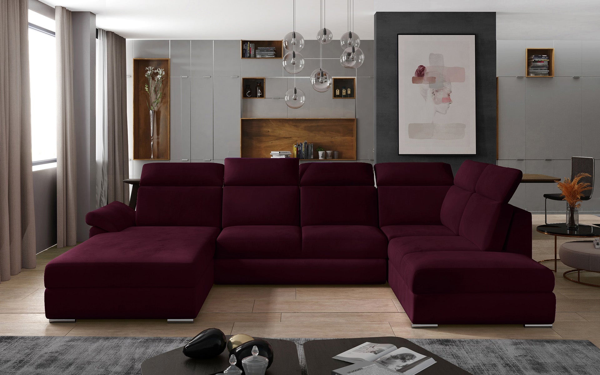 Bordowa sofa narożna Evanell wykonana z welurowej tkaniny Matt Velvet 68 to doskonały wybór do salonu, oferujący komfortowe siedziska, przytulny charakter oraz wyrazisty kolor podkreślający wyjątkowy styl wnętrza