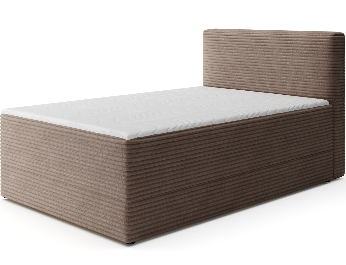 Łóżko kontynentalne Alamito w ciemnym taupe sztruksie, packshot pod skosem; wysoki zagłówek i materac z falistym pikowaniem.