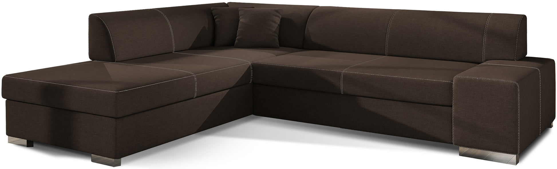 Brązowa sofa narożna Porto wykonana z materiału Sawana 26 doskonale sprawdzi się w aranżacjach inspirowanych naturą, oferując wygodne siedziska oraz estetyczny wygląd dopasowany do przytulnych przestrzeni