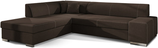 Brązowa sofa narożna Porto wykonana z materiału Sawana 26 doskonale sprawdzi się w aranżacjach inspirowanych naturą, oferując wygodne siedziska oraz estetyczny wygląd dopasowany do przytulnych przestrzeni