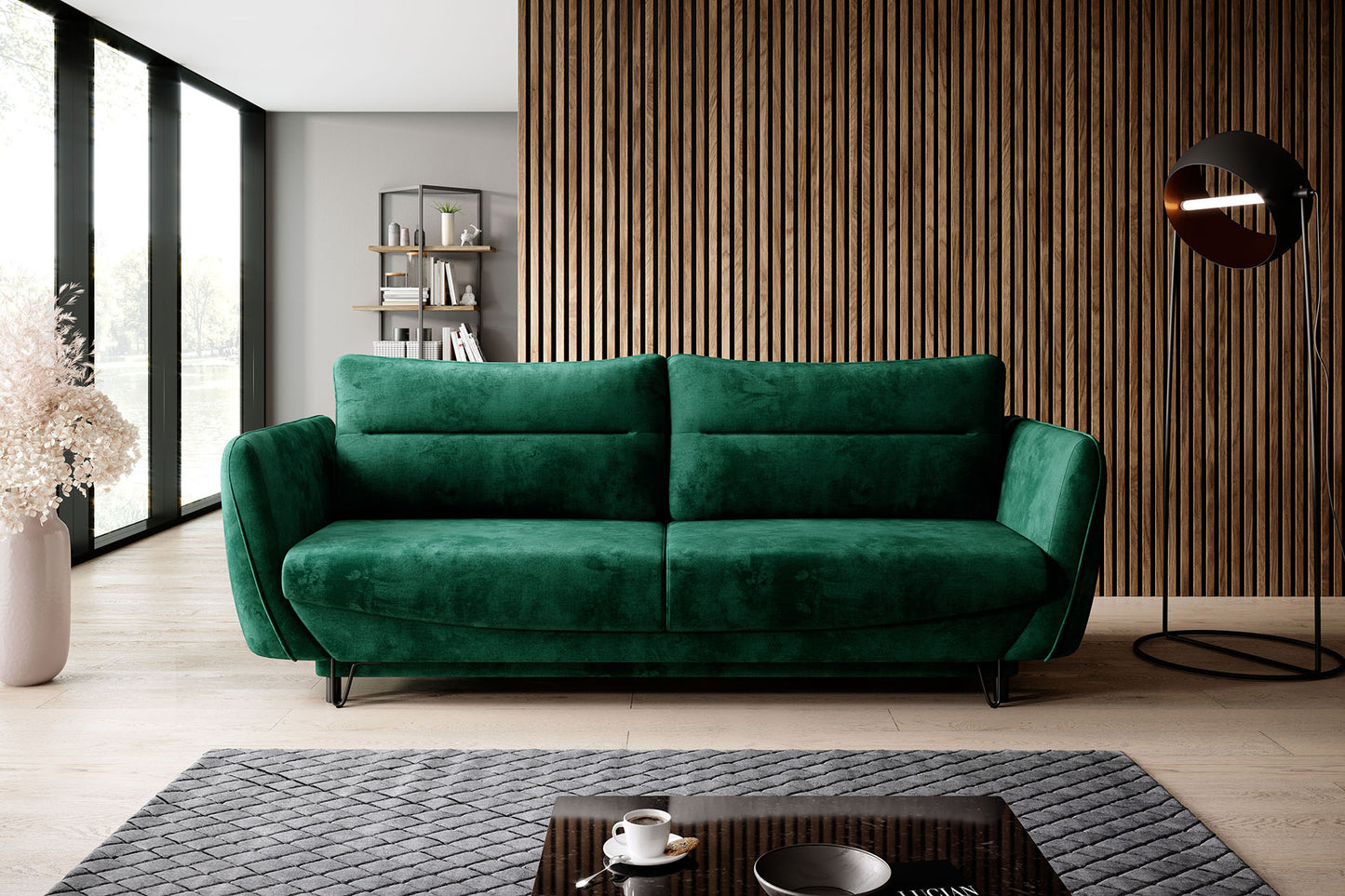 Nowoczesna sofa Silva w tkaninie Nube 35 w głębokim zielonym odcieniu, z dużymi poduszkami oparciowymi, szerokimi bokami i subtelnymi czarnymi nóżkami do eleganckiego wnętrza.