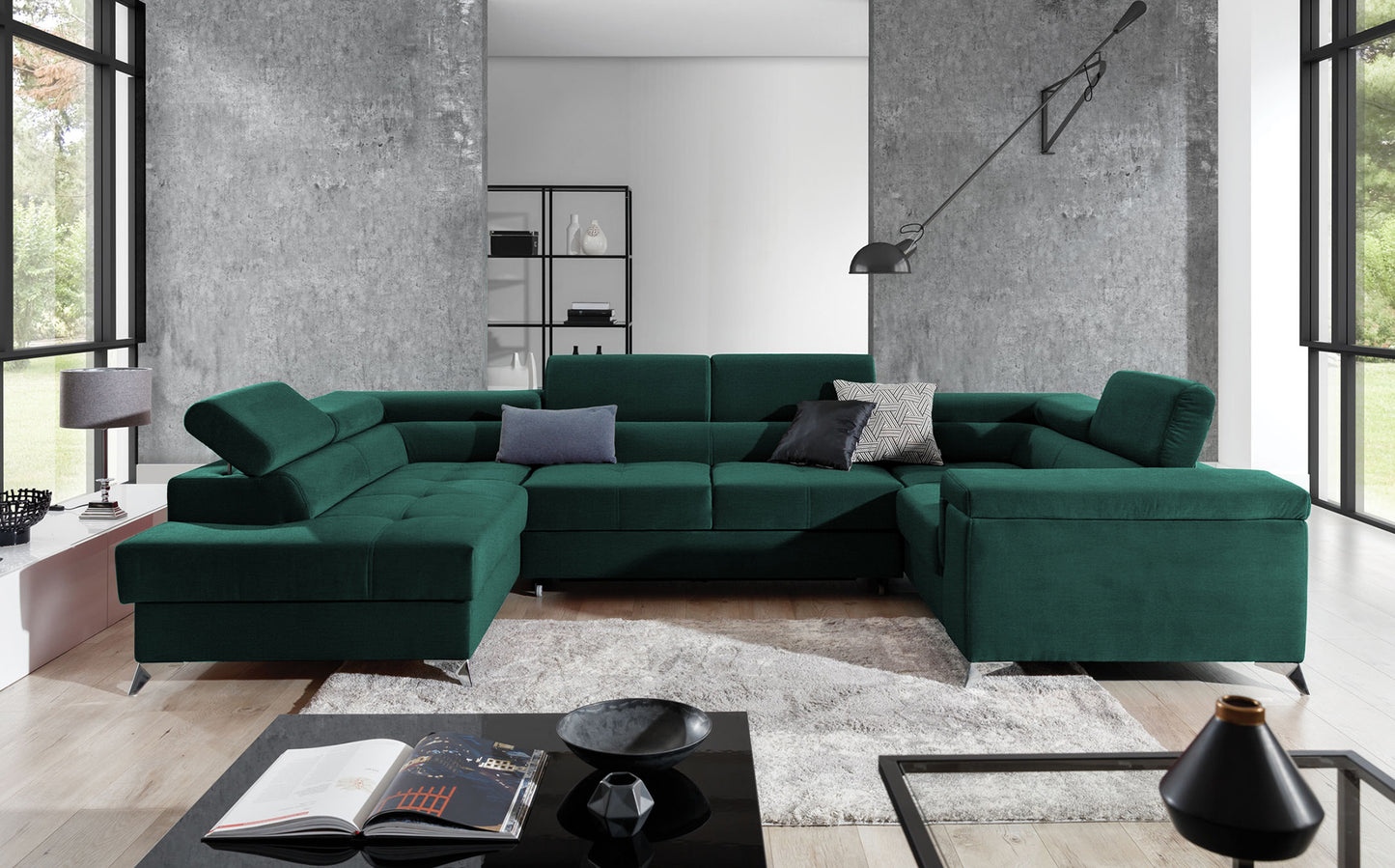 Nowoczesny narożnik Thiago w kolorze zielonym z eleganckimi metalowymi nóżkami i szerokimi siedziskami doskonale sprawdzi się w salonie urządzonym w stylu loftowym, glamour lub urban jungle. Stylowy narożnik do nowoczesnych wnętrz łączy wygodę z funkcjonalnością.