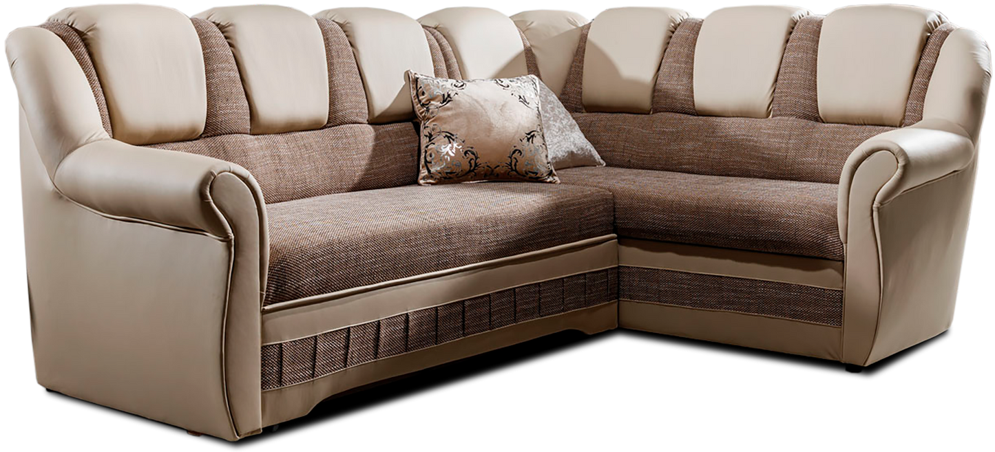 Ciemnobeżowo-beżowy narożnik Lord II prawy w tkaninie Berlin 03 oraz Soft 33 z eleganckimi podłokietnikami i dekoracyjnymi przeszyciami. Stylowy narożnik do salonu inspirowanego stylem glamour, modern classic oraz japandi.