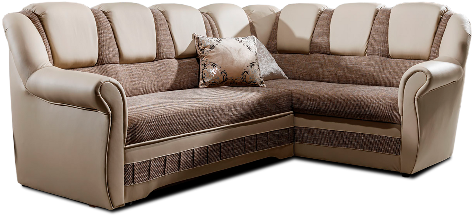 Ciemnobeżowo-beżowy narożnik Lord II prawy w tkaninie Berlin 03 oraz Soft 33 z eleganckimi podłokietnikami i dekoracyjnymi przeszyciami. Stylowy narożnik do salonu inspirowanego stylem glamour, modern classic oraz japandi.
