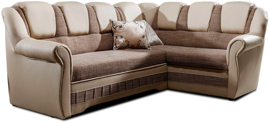 Ciemnobeżowo-beżowy narożnik Lord II prawy w tkaninie Berlin 03 oraz Soft 33 z eleganckimi podłokietnikami i dekoracyjnymi przeszyciami. Stylowy narożnik do salonu inspirowanego stylem glamour, modern classic oraz japandi.