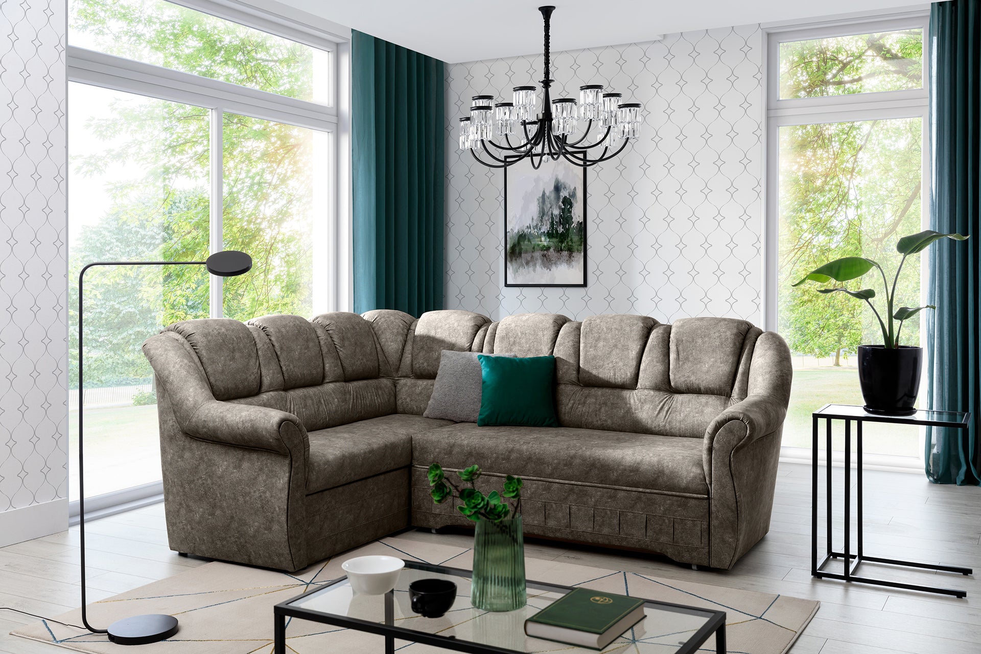 Ciemnobeżowy narożnik Lord II lewy w tkaninie Dora 22 z eleganckimi zaokrąglonymi podłokietnikami oraz dekoracyjnymi przeszyciami. Stylowy narożnik do salonu inspirowanego klasycznym stylem glamour i nowoczesną elegancją.