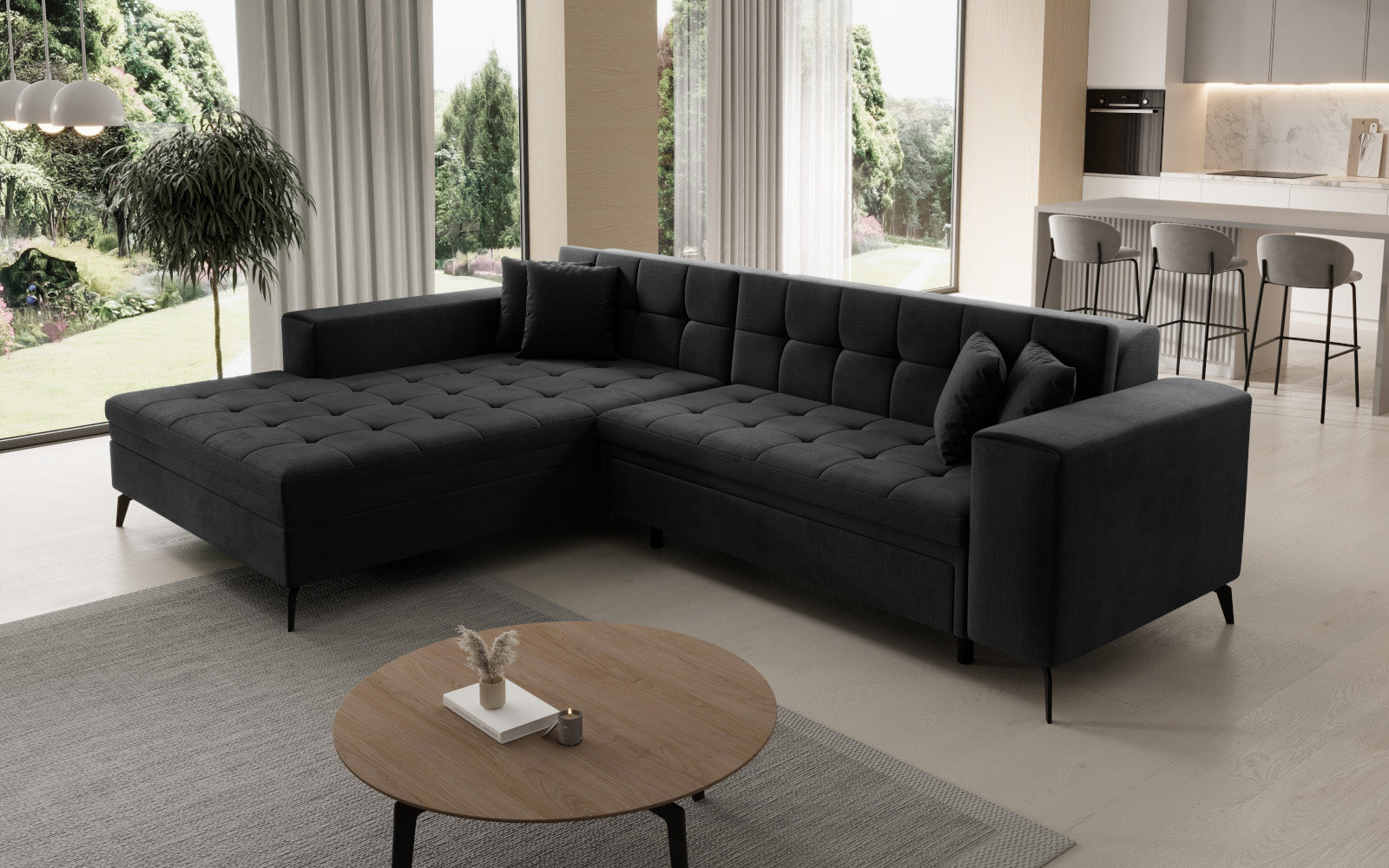 Narożnik Solange lewostronny w kolorze ciemnoszarym Monolith 97 to stylowy mebel wypoczynkowy do salonu, który oferuje wygodne siedziska i nowoczesny design dopasowany do różnych aranżacji.