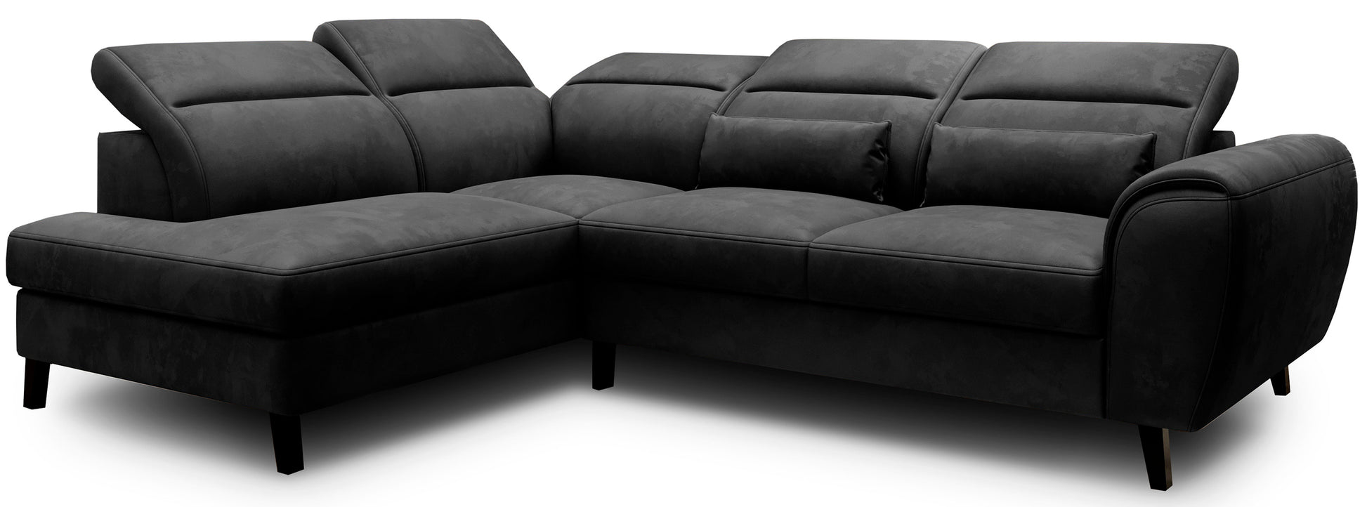 Ciemnoszary narożnik Noble lewy w tkaninie Nube 06 z regulowanymi zagłówkami oraz nowoczesnymi czarnymi nóżkami. Designerski narożnik wypoczynkowy do salonu w stylu loftowym, industrialnym i contemporary.