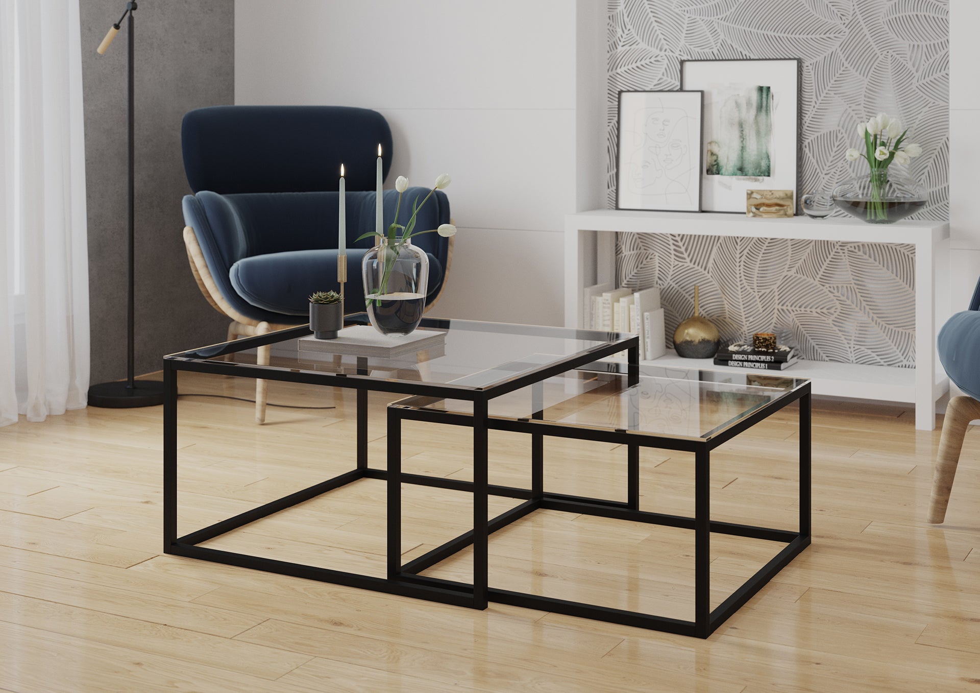 Nowoczesny zestaw stolików kawowych Cloue wykonany z czarnego metalu i szkła. Minimalistyczny design pasuje do wnętrz w stylu loftowym i industrialnym.
