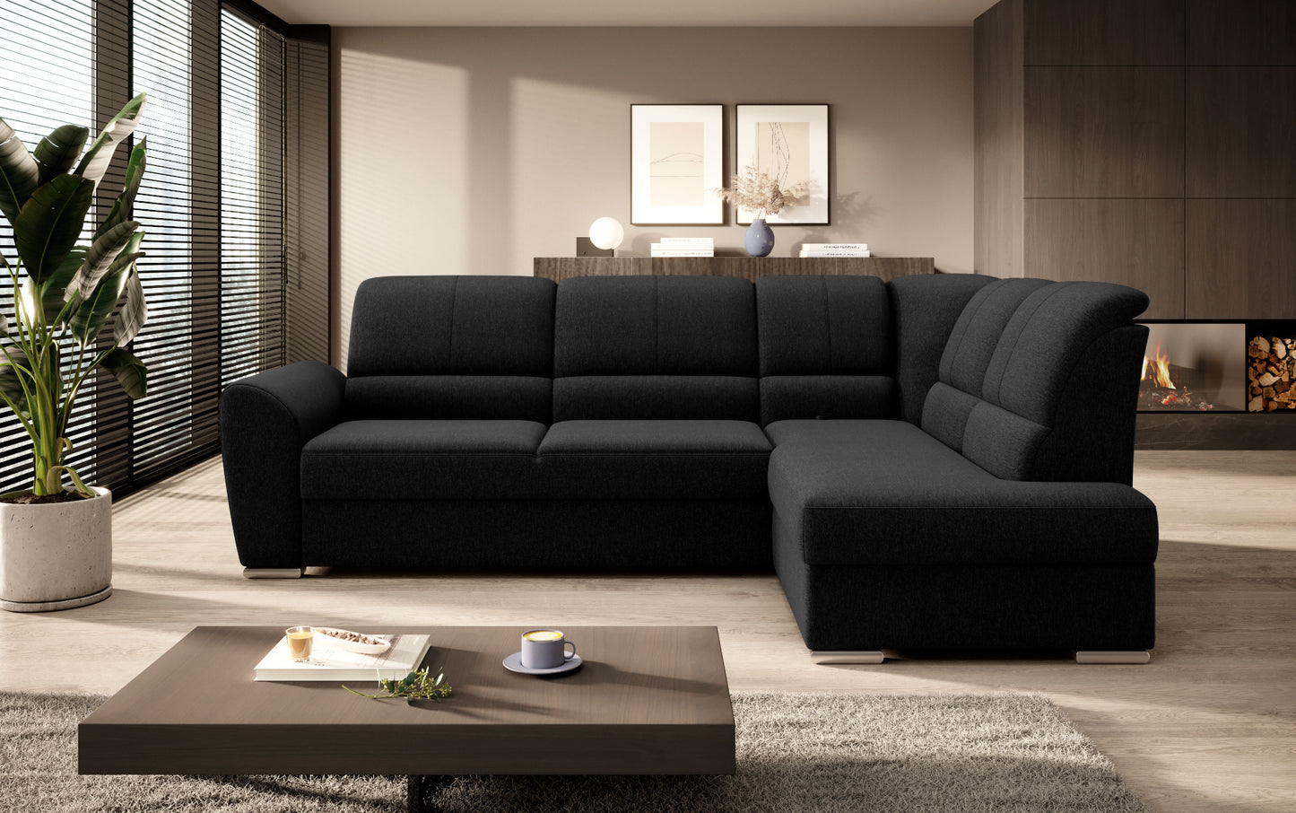 Narożnik Siber prawostronny w kolorze czarnym Flores 10 to funkcjonalny mebel do salonu, który oferuje miękkie siedziska i nowoczesny design dopasowany do minimalistycznych aranżacji.