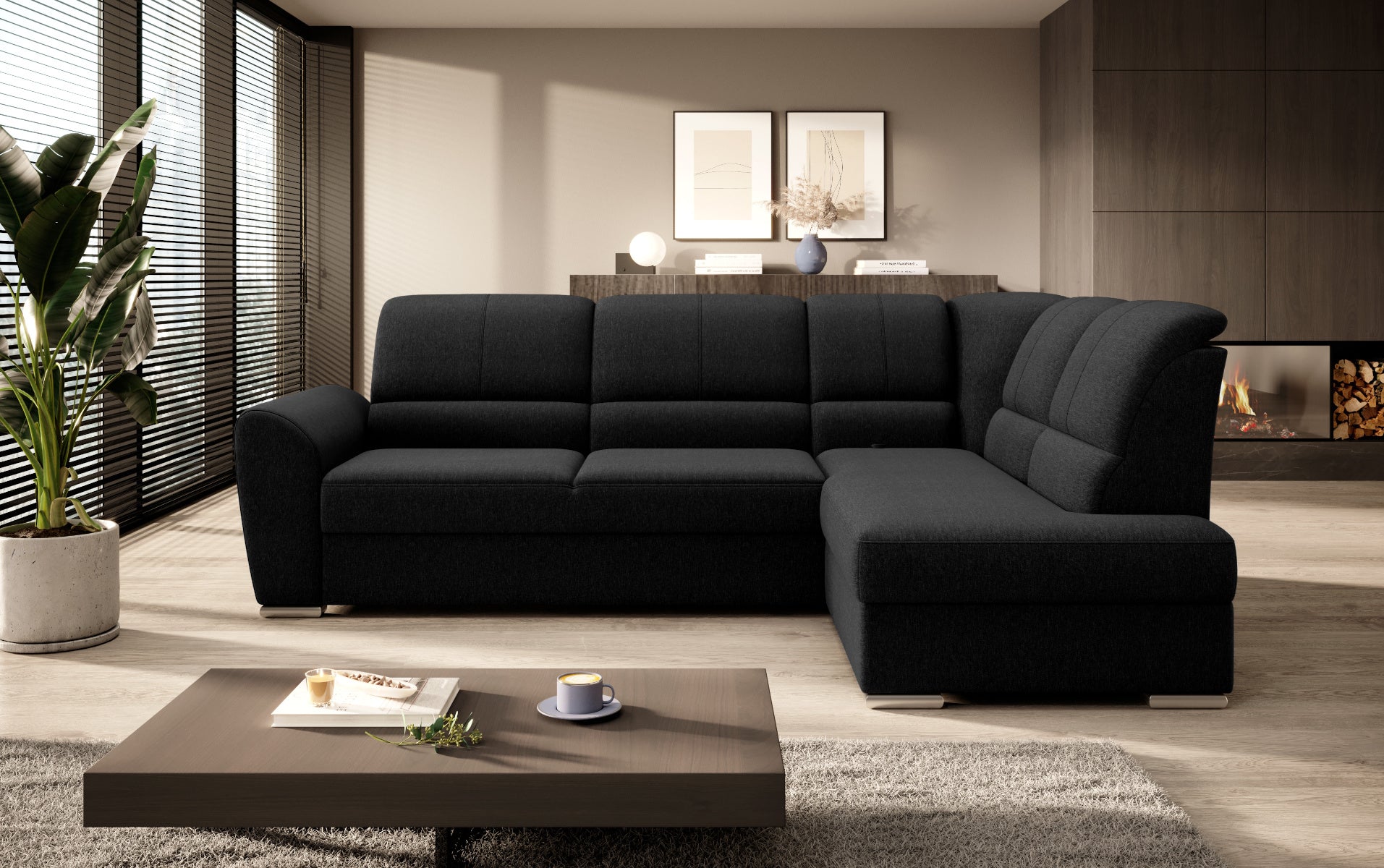 Narożnik Siber prawostronny w kolorze czarnym Flores 10 to funkcjonalny mebel do salonu, który oferuje miękkie siedziska i nowoczesny design dopasowany do minimalistycznych aranżacji.