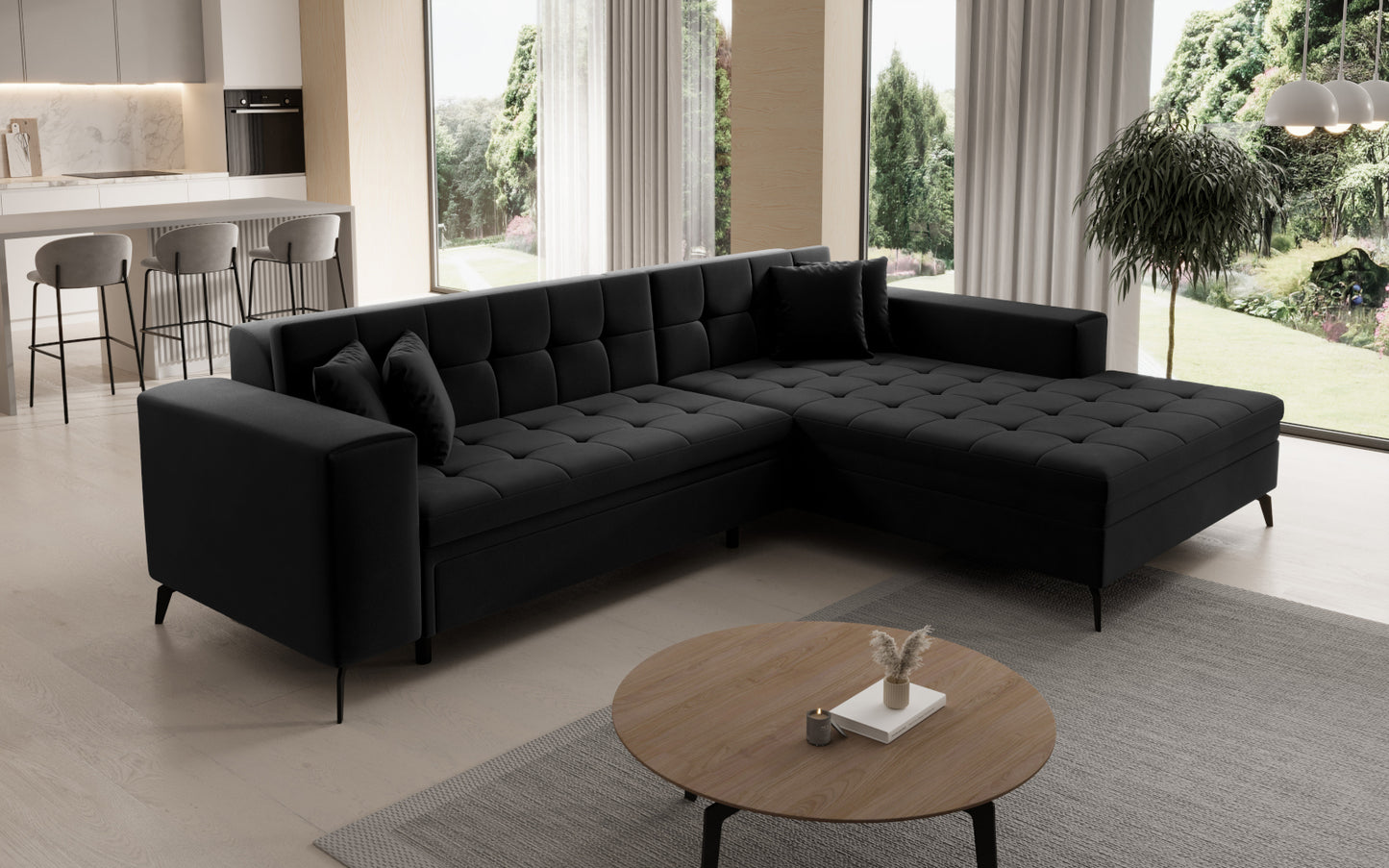 Narożnik Solange prawostronny w kolorze czarnym Matt Velvet 99 to stylowy mebel wypoczynkowy do salonu, który oferuje miękkie siedziska i nowoczesny design idealny do eleganckich aranżacji.