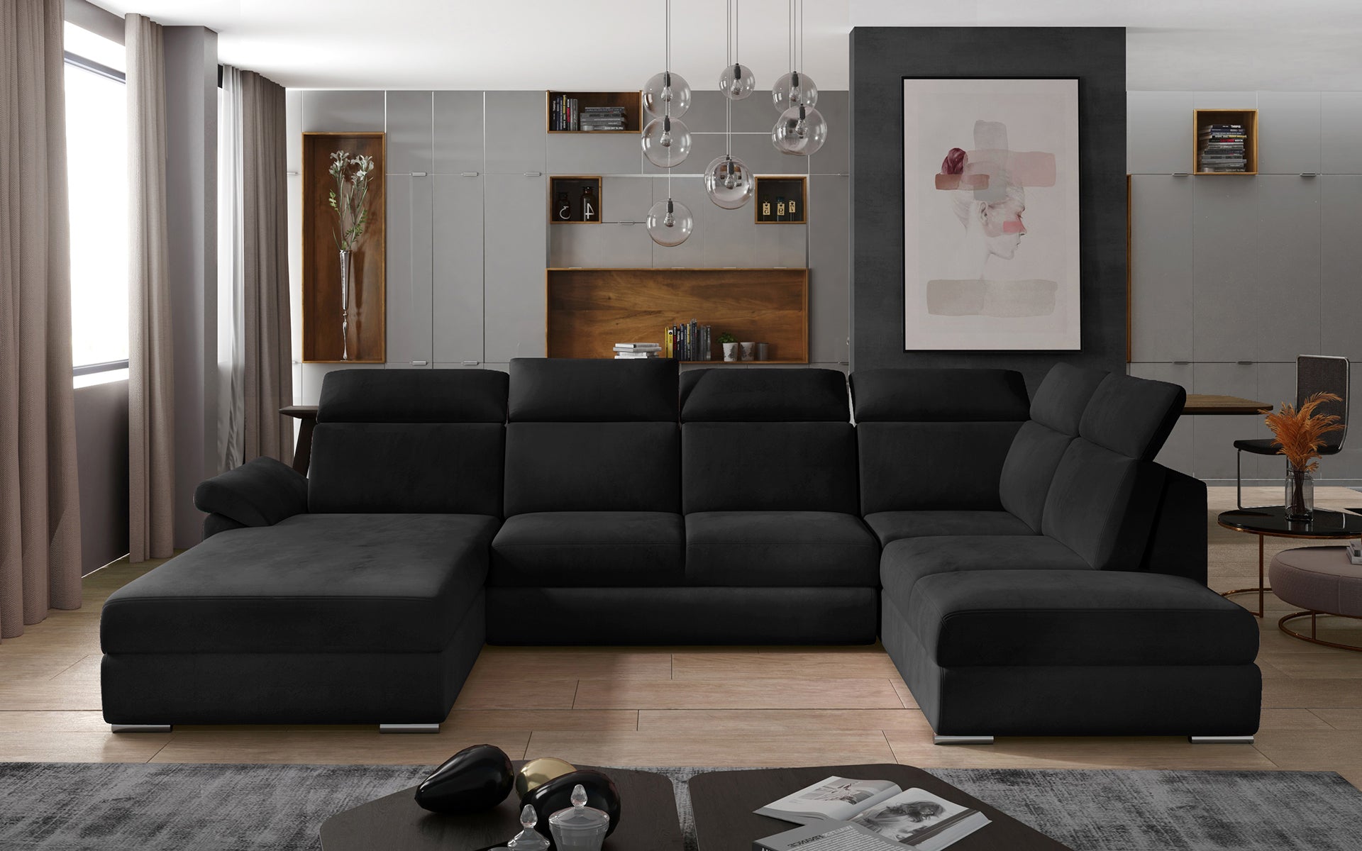 Czarna sofa narożna Evanell z welurowej tkaniny Matt Velvet 99 to stylowy wybór do salonu, który łączy przyjemną w dotyku powierzchnię, wygodne siedziska oraz elegancki wygląd pasujący do wnętrz glamour i nowoczesnych aranżacji