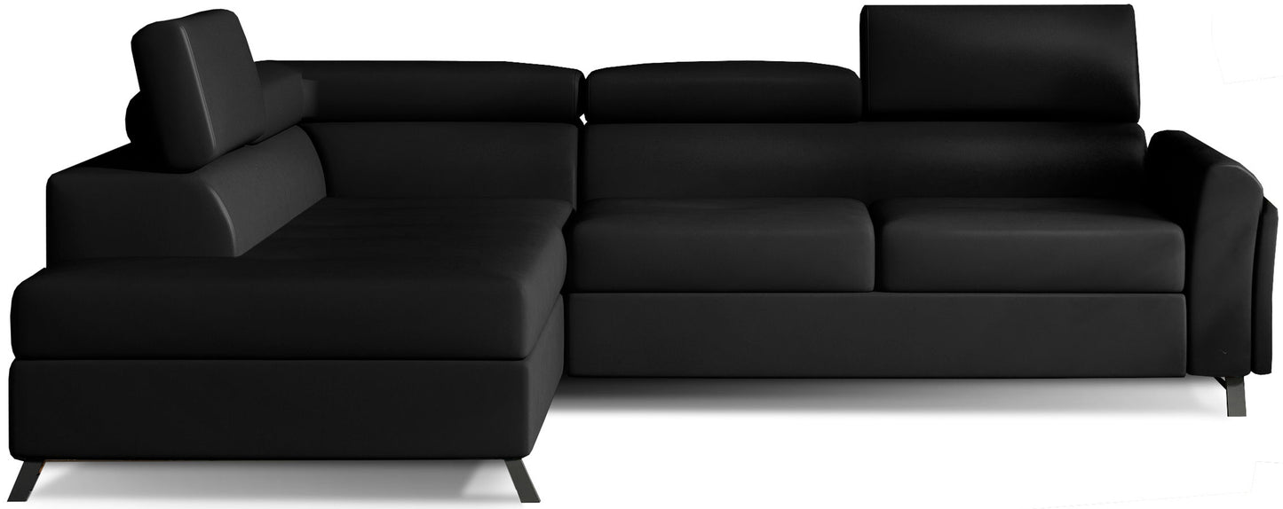 Czarny narożnik Kairos lewy w tkaninie Soft 11 to elegancki mebel wypoczynkowy z wygodnym szezlongiem, szerokimi siedziskami i nowoczesnym charakterem do salonu w stylu loftowym.