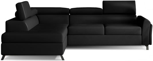Czarny narożnik Kairos lewy w tkaninie Soft 11 to elegancki mebel wypoczynkowy z wygodnym szezlongiem, szerokimi siedziskami i nowoczesnym charakterem do salonu w stylu loftowym.