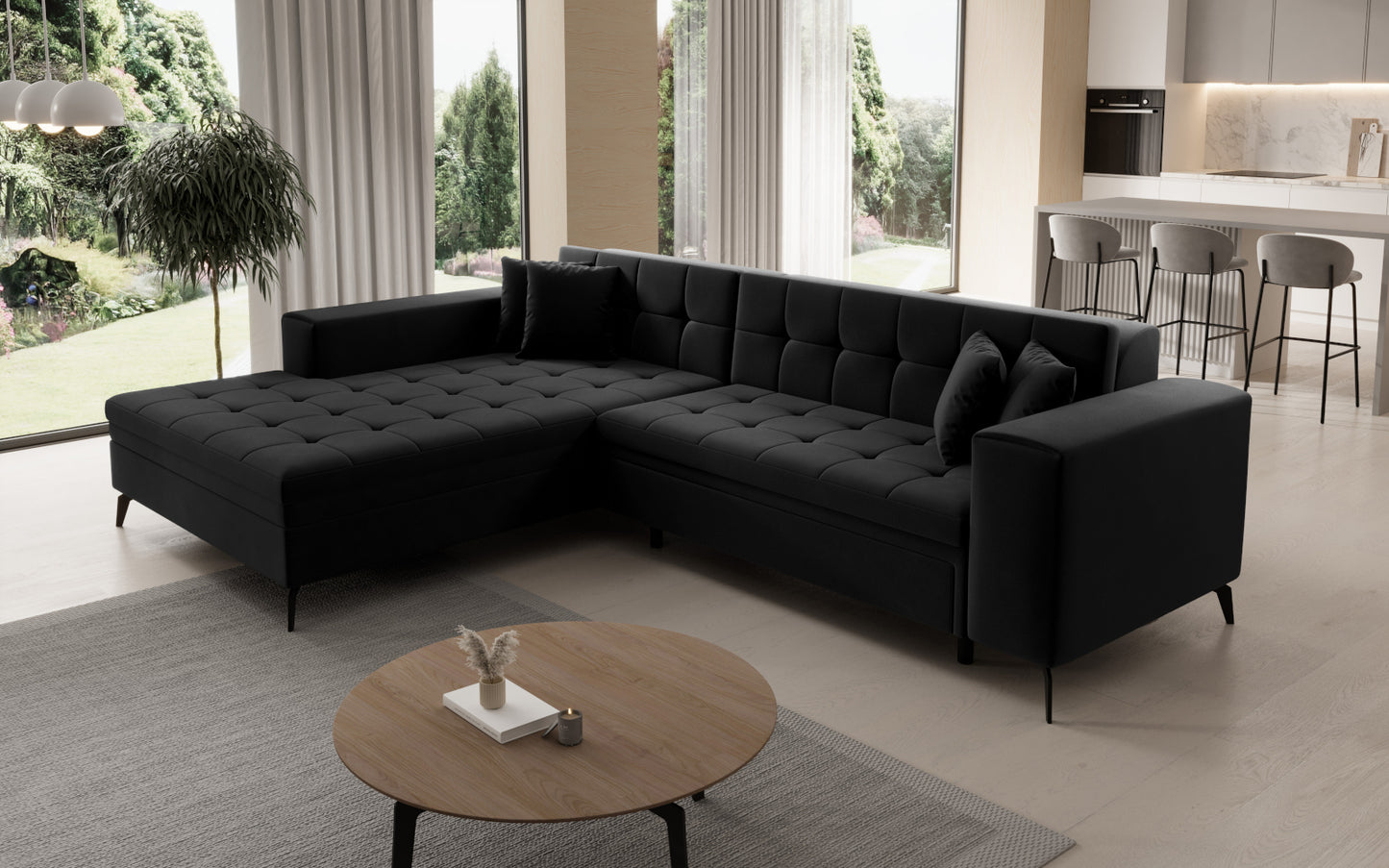 Nowoczesny narożnik lewostronny Solange w kolorze czarnym, wykonany z tkaniny Matt Velvet 99, doskonale pasuje do stylowego salonu, oferując komfortowe miejsce do odpoczynku i spotkań rodzinnych.