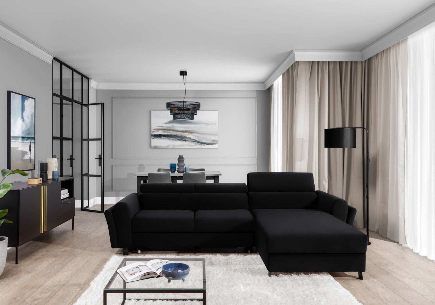 Narożnik Mariall w tkaninie Mat Velvet 99 czarny, stylowa sofa narożna w kształcie L do nowoczesnego salonu, zapewniająca komfortowy wypoczynek i elegancki wygląd wnętrza
