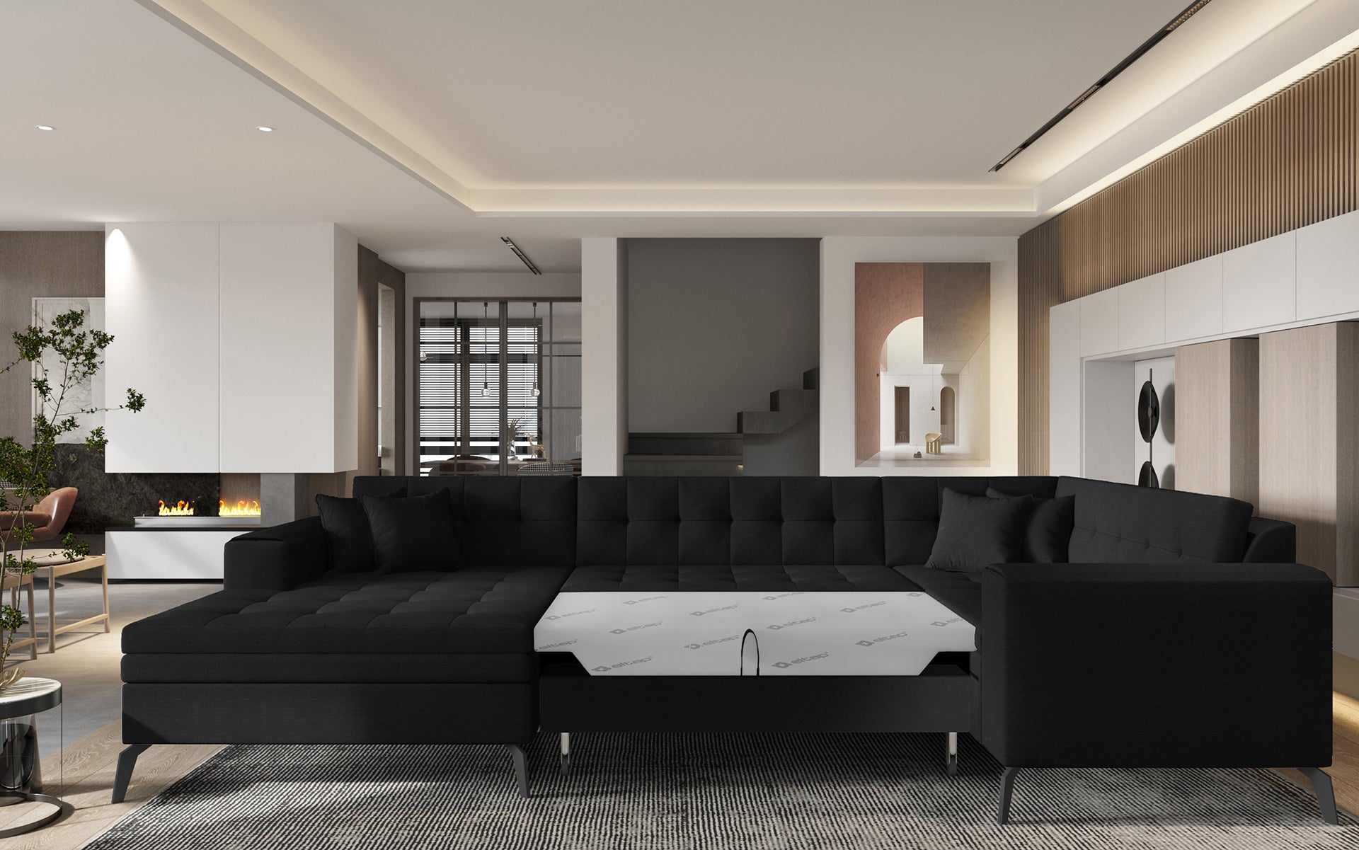Czarna sofa narożna Montez wykonana z materiału Flores 10 doskonale wpisuje się w aranżacje loftowe i minimalistyczne, oferując wygodne siedziska oraz estetyczny wygląd podkreślający charakter wnętrza