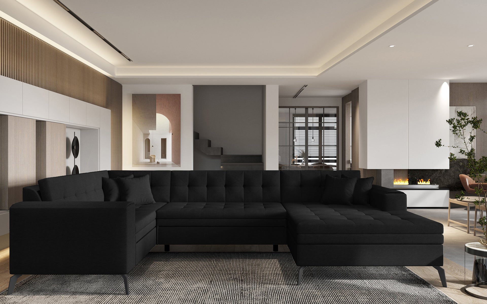 Czarna sofa narożna Montez wykonana z materiału Flores 10 to doskonały wybór do wnętrz loftowych i nowoczesnych, oferująca wygodne siedziska oraz estetyczny wygląd podkreślający elegancję aranżacji