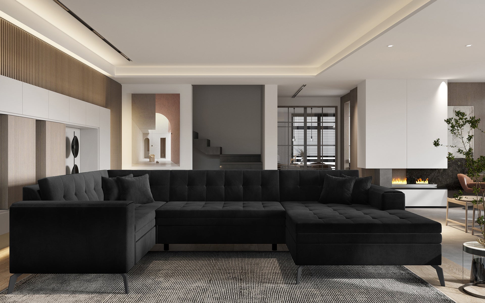 Czarna sofa narożna Montez wykonana z materiału Lukso 10 doskonale wpisuje się w aranżacje loftowe i minimalistyczne, oferując wygodne siedziska oraz estetyczny wygląd podkreślający charakter wnętrza