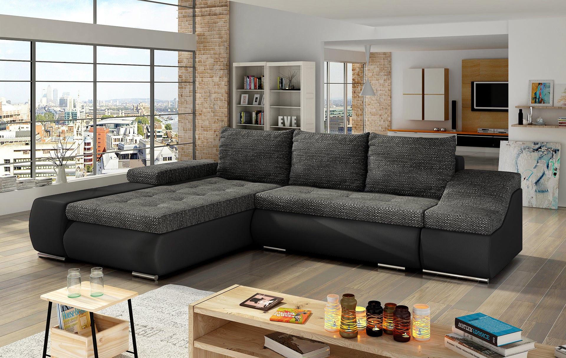 Czarna sofa narożna Ontario z materiałów Berlin 02 i Soft 11 to propozycja do salonu w stylu loftowym lub nowoczesnym, zapewniająca komfort użytkowania oraz wyrazisty, ponadczasowy charakter aranżacji