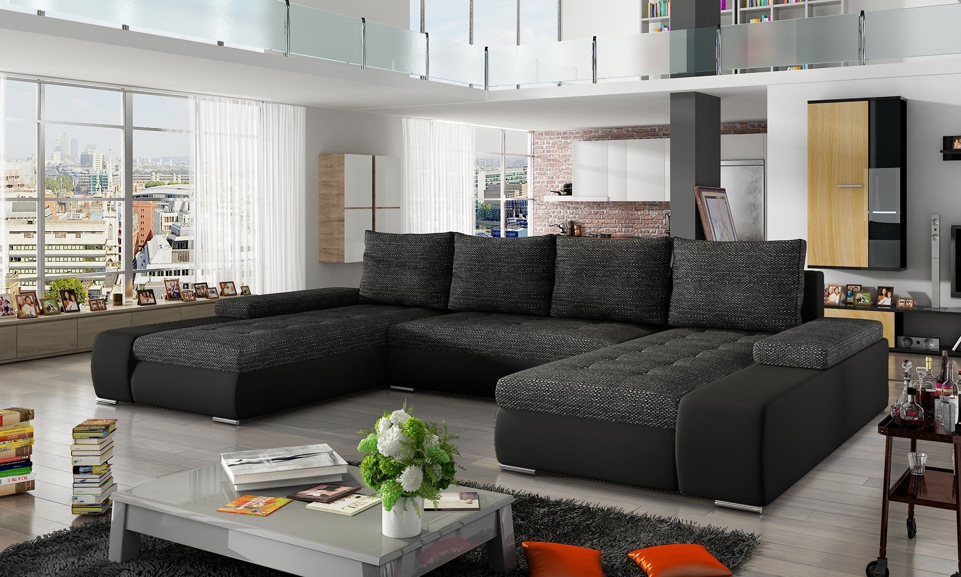 Narożnik Marino uniwersalny w kolorze czarnym wykonany z tkaniny Berlin 02 oraz ekoskóry Soft 11 to funkcjonalny mebel do salonu, który zapewnia komfort użytkowania i ponadczasowy design.