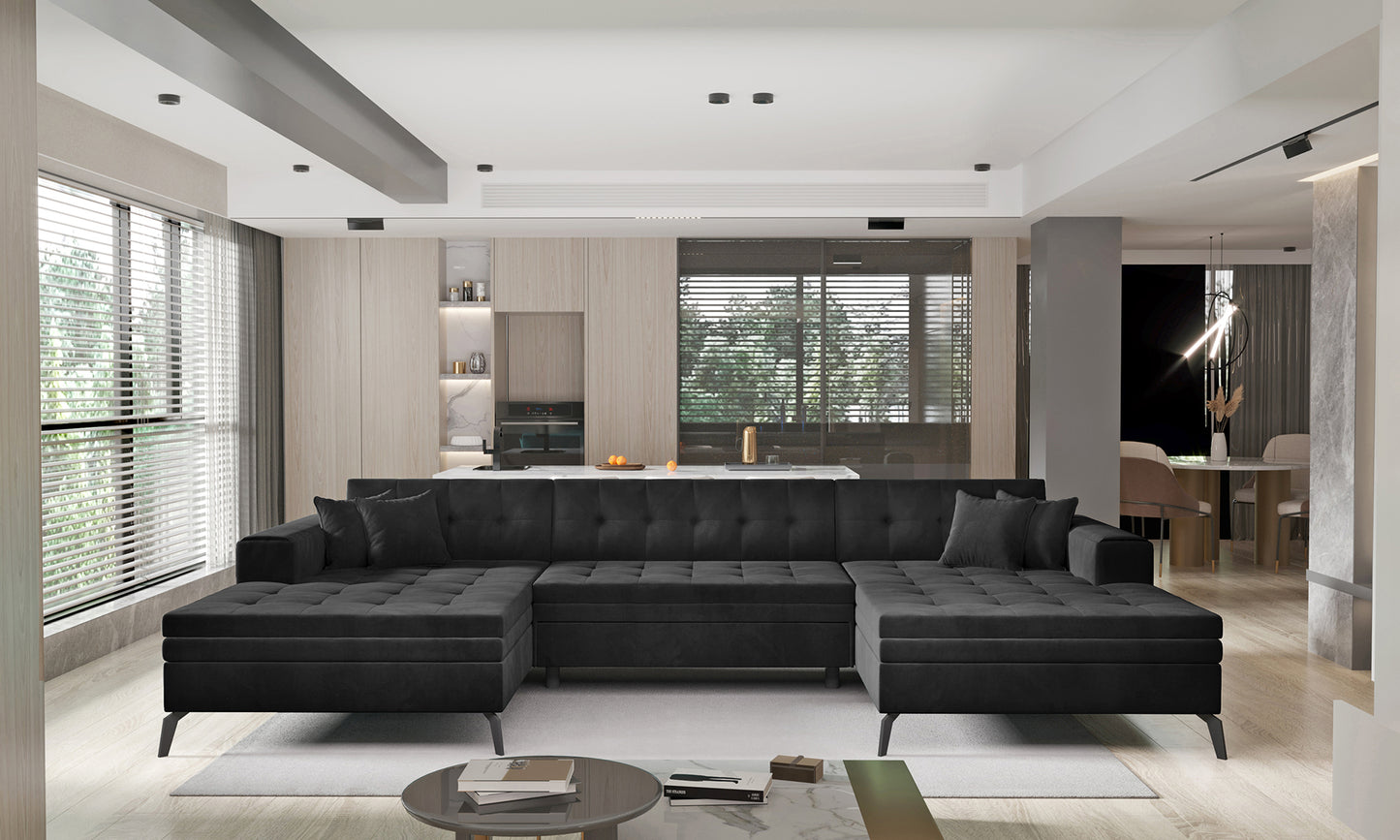 Czarna sofa narożna Vertizo wykonana z materiału Lukso 10 doskonale sprawdzi się w salonie, oferując wygodne siedziska oraz ponadczasowy wygląd pasujący do wnętrz nowoczesnych, loftowych i glamour