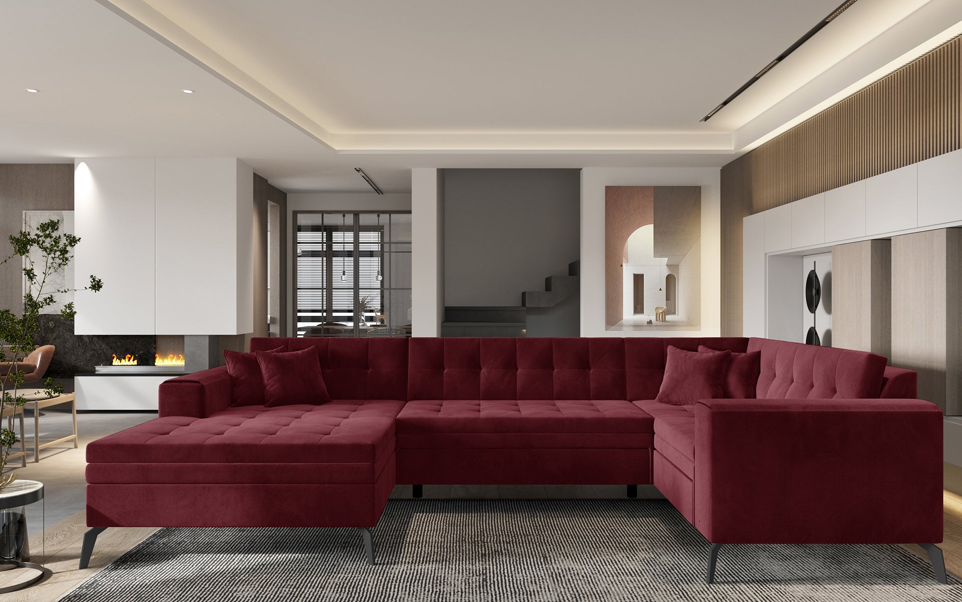Czerwona sofa narożna Montez wykonana z materiału Loco 25 to doskonały wybór do nowoczesnego salonu, gdzie liczy się charakter wnętrza i wygoda użytkowania, zapewniając przyjemną przestrzeń do relaksu