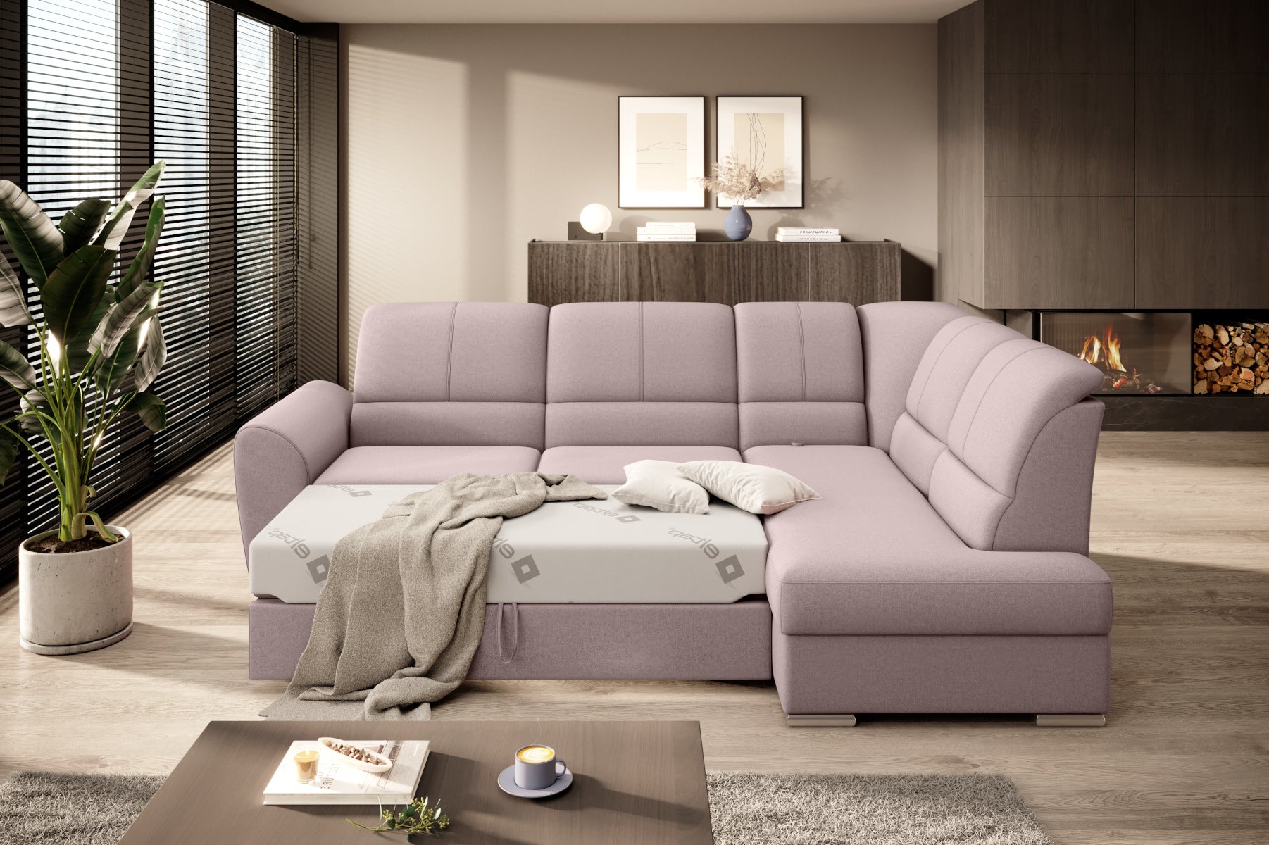 Nowoczesny narożnik do salonu Siber w odcieniu pudrowego różu Gojo 101 zapewnia wygodne miejsce do relaksu, solidne wykonanie oraz estetyczny design dopasowany do jasnych aranżacji.