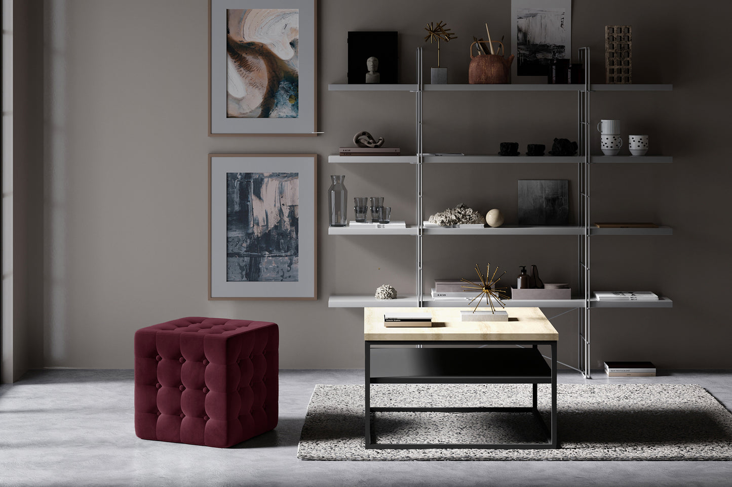 Designerska pufa Sofia z tkaniny Matt Velvet 68 w odcieniu bordo wyróżnia się miękką tapicerką, dekoracyjnymi przeszyciami i guzikami. Świetnie sprawdzi się jako eleganckie siedzisko do salonu, sypialni lub garderoby.