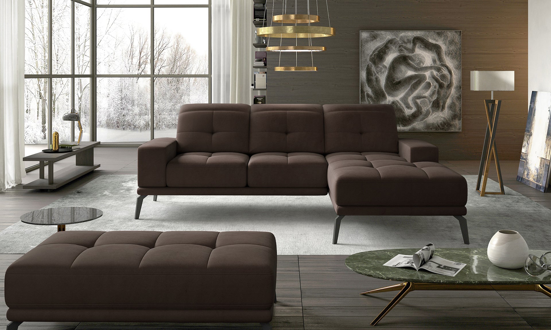 Brązowy narożnik do salonu wykonany w tkaninie Jasmine 29 prezentujący minimalistyczną formę oraz miękkie siedziska. Designerski narożnik prawostronny świetnie komponujący się z drewnianymi dodatkami i jasnymi aranżacjami wnętrz.