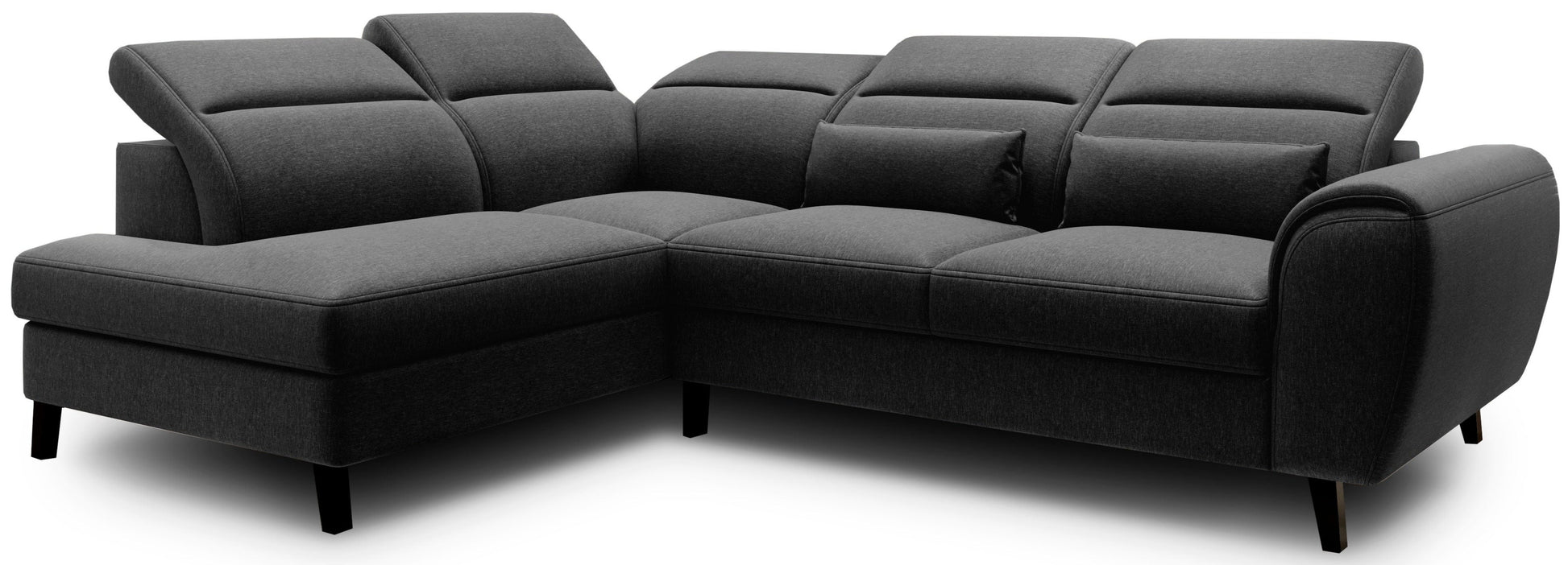 Czarny narożnik Noble lewy w tkaninie Flores 10 z regulowanymi zagłówkami oraz nowoczesnymi czarnymi nóżkami. Elegancki narożnik wypoczynkowy do salonu w stylu loftowym, modern i industrialnym.